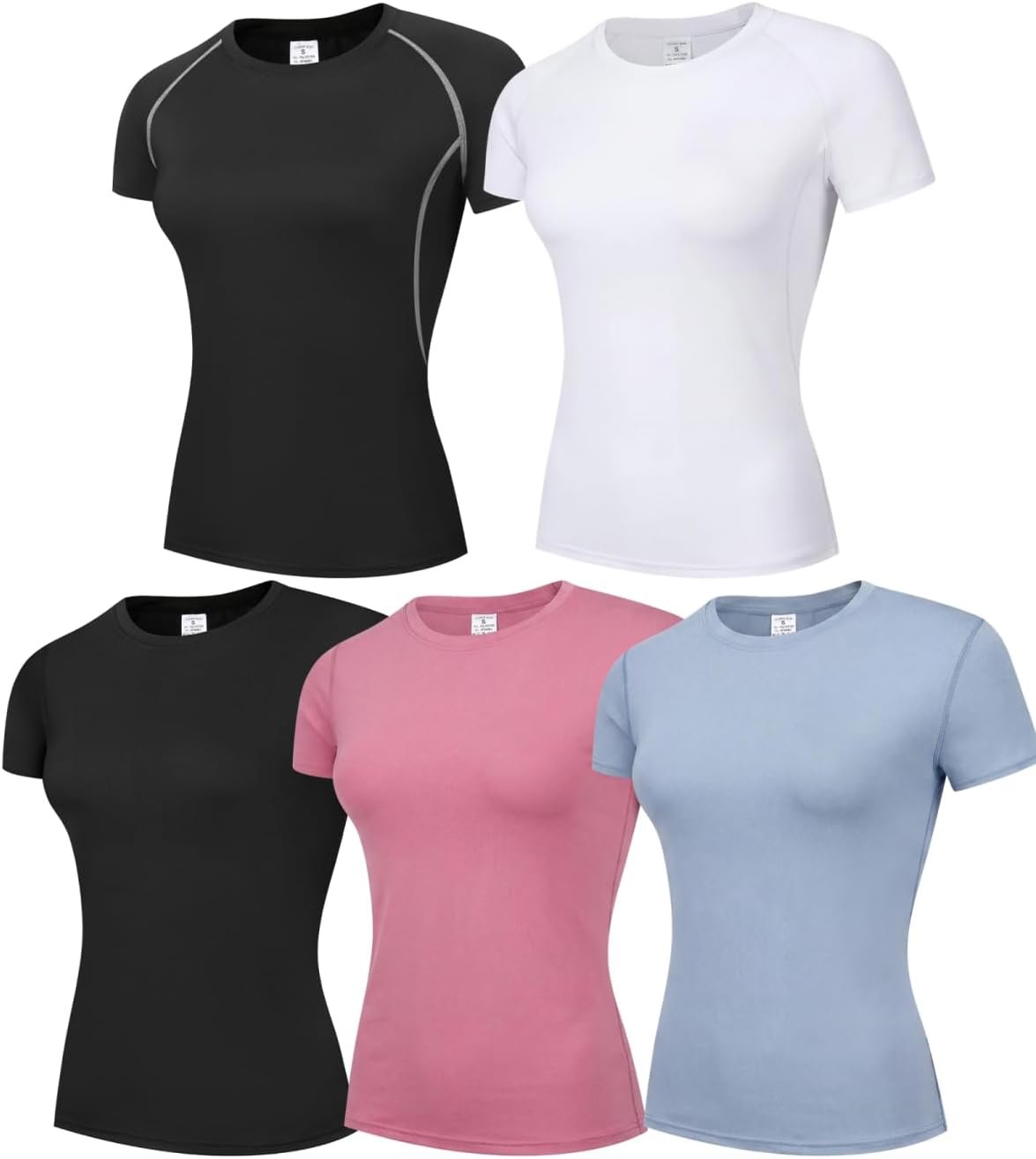 5 Pack 2 Styles Women’s Compression Shirt Short Sleeve Workout Tops Quick Dry Athletic Baselayer for Yoga Running Gym Fitness