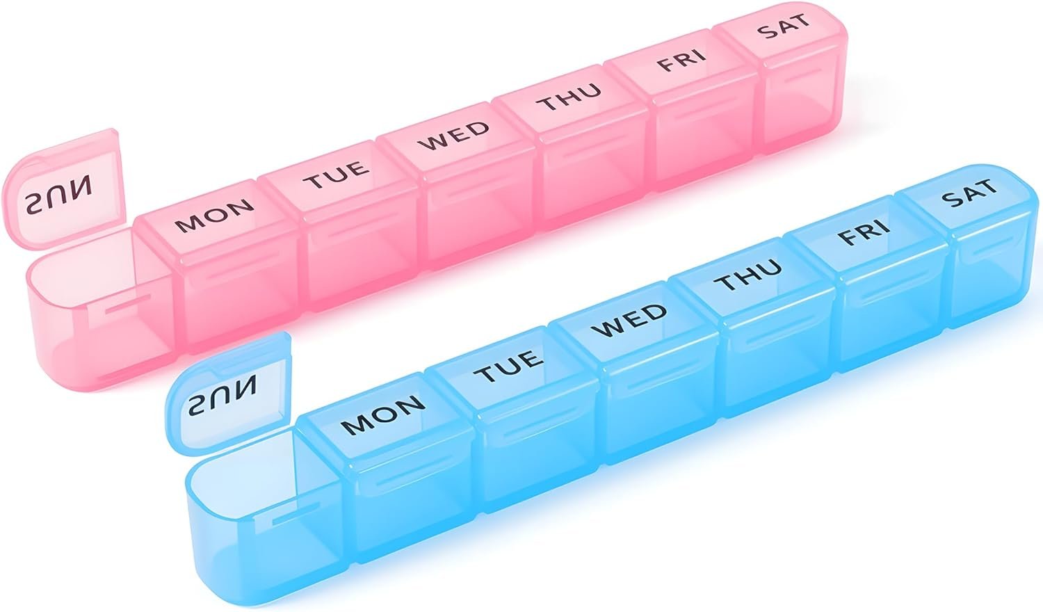 Daviky Weekly Pill Organizer 2 Pack Large Capacity Travel Pill Organizers Pill Box 7 Day Compact Travel Pill Case Medicine Pill Organizers for Vitamins, Supplements and Medications (Blue & Pink)