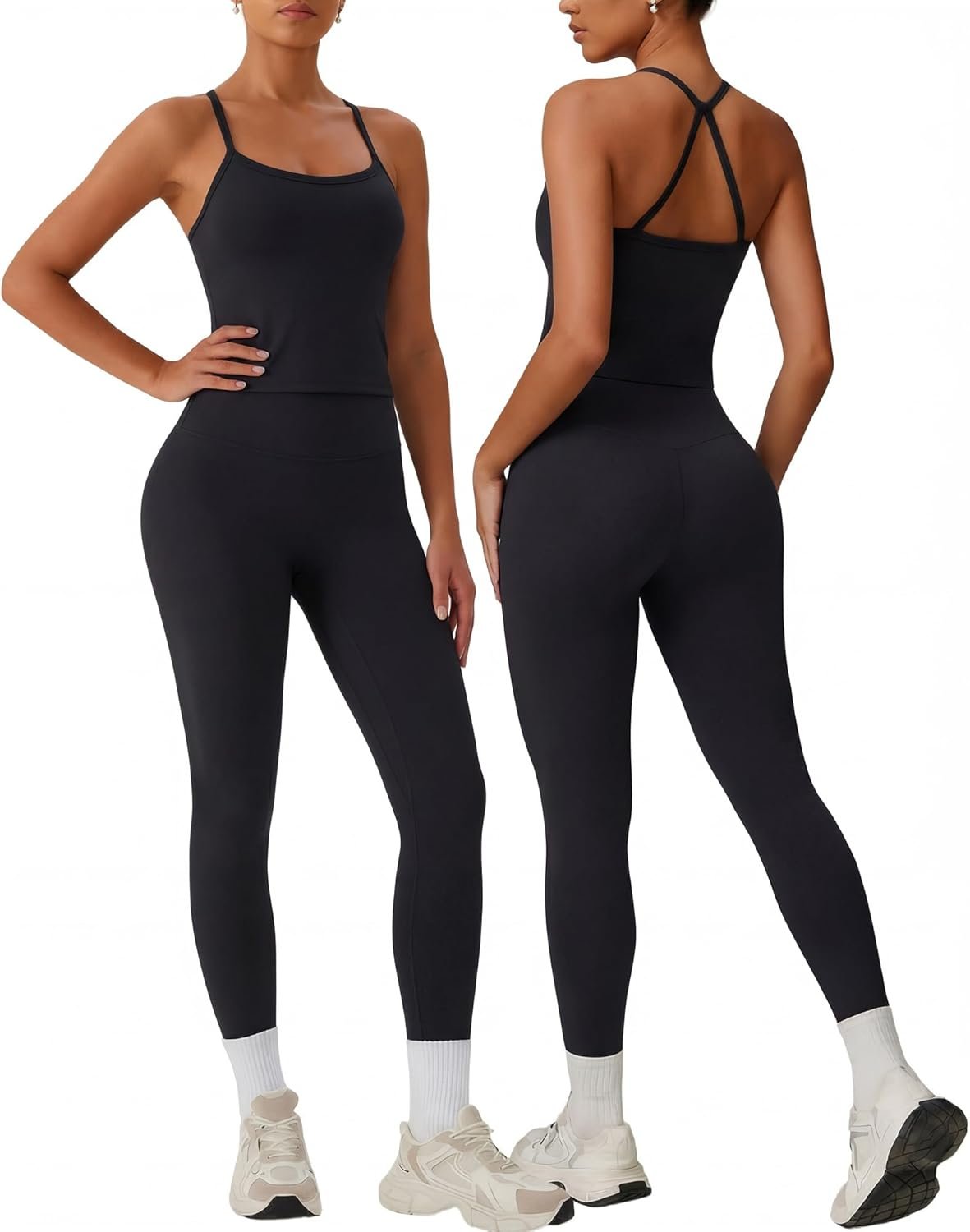 Coume Womens 2 Piece Workout Sets Cross Back Tank Top Built in Bra High Waist Legging Matching Set Seamless Yoga Gym Outfits