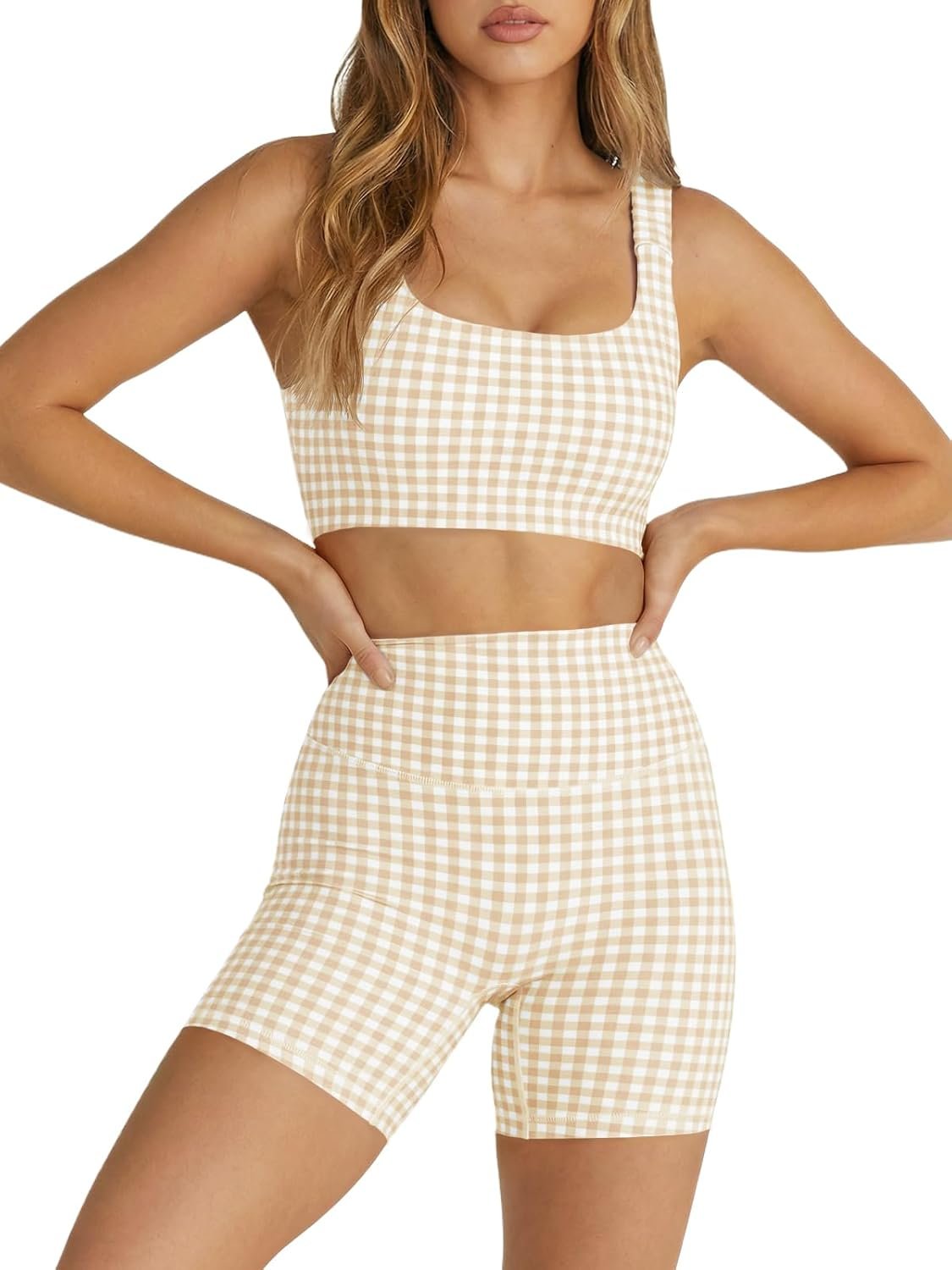 Aoysky Womens Workout Gingham 2 Piece Outfits Padded Open Back Crop Tank High Waist Sports Shorts Sets Yoga Matching Sets