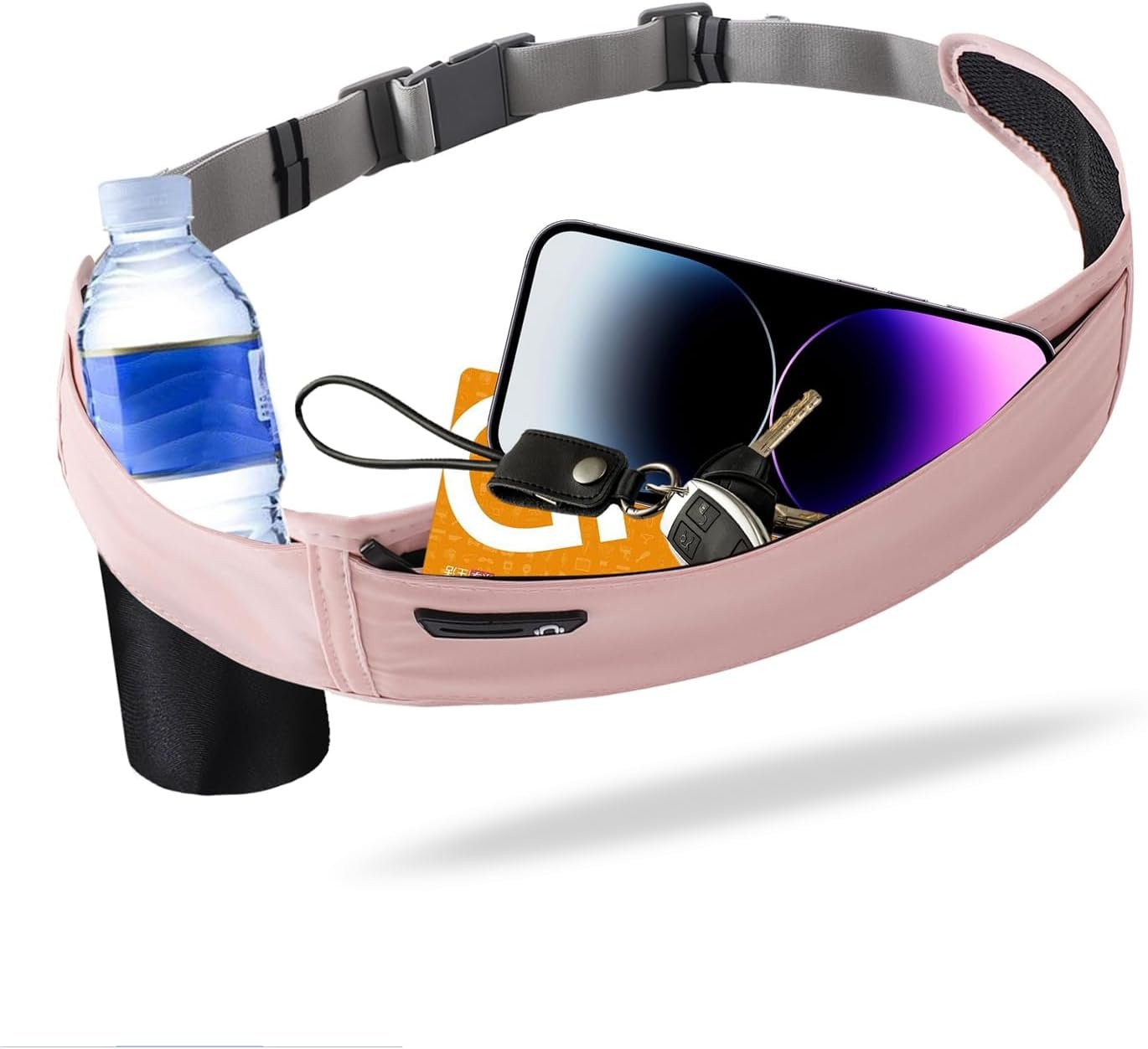 Running Hydration Belt with Water Bottle Holder for Men Women, Bounce-Free Phone Storage Waist Pack, Reflective Adjustable Marathon Belt for Jogging Trail Running,Fits All Phones (Pink)