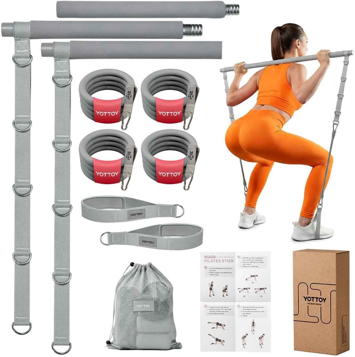 YOTTOY Pilates Bar Kit with Resistance Bands – 3-Bar Pilates Workout Equipment for Legs, Hips, Waist & Arms Workout, Portable Home Gym Exercise Equipment for Women & Men