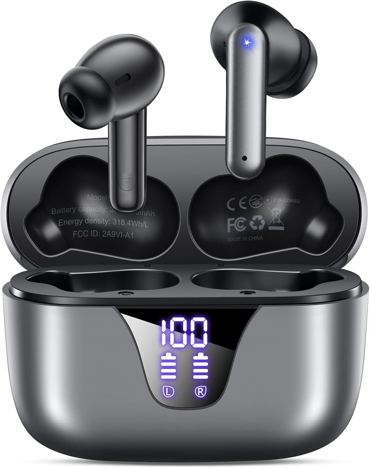 Wireless Earbuds Bluetooth Headphones, 50H Playtime Ear Buds with Mic, LED Digital Display Charging Case, IPX7 Waterproof, Deep Bass Stereo, in-Ear Earphone for iPhone Andriod Phone – Black
