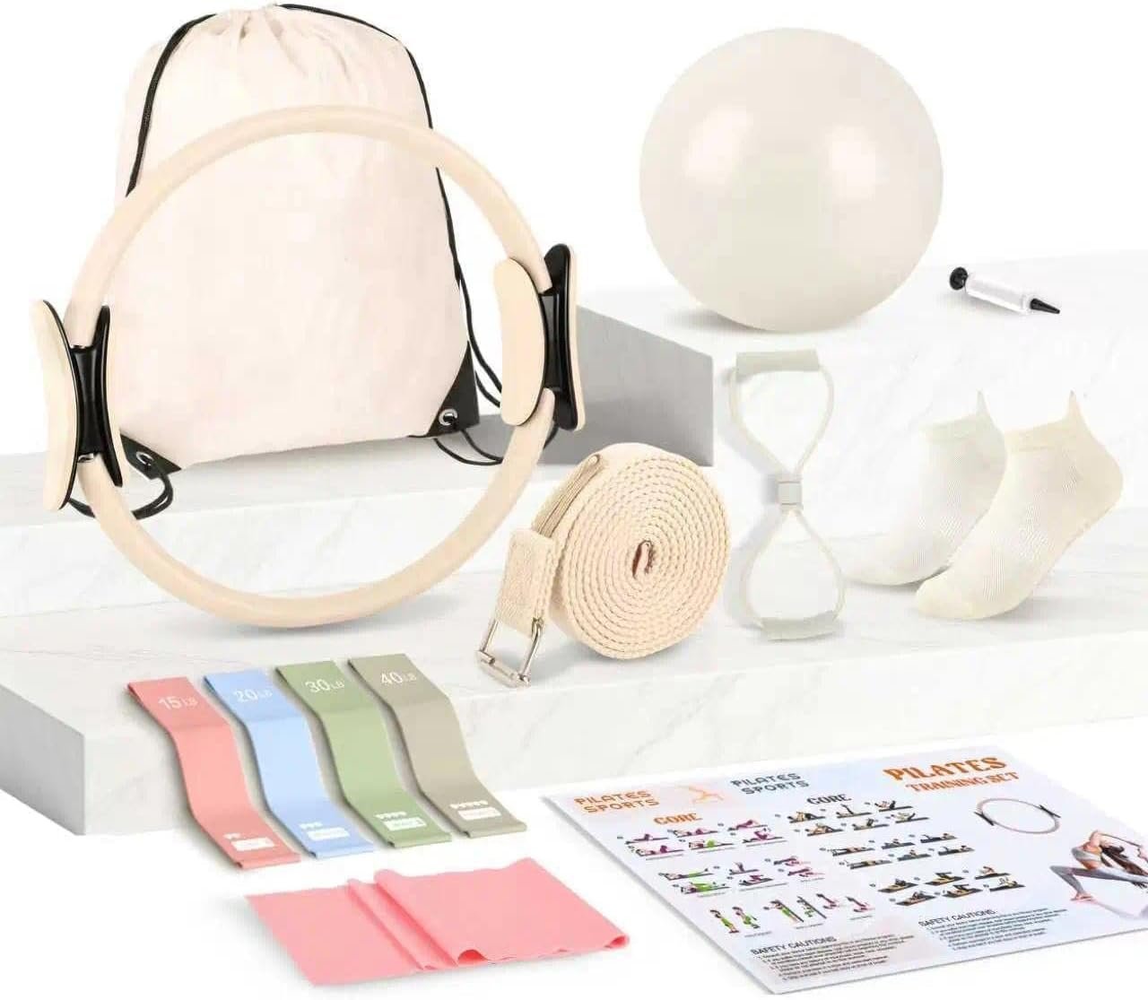 Tuhangcc Pilates Kit Women’s Home Pilates Kit Ivory White Series Yoga Ball 15-inch Pilates Ring Instruction Manual Figure-8 Resistance Band and Other Accessories for Beginners for Home Workouts