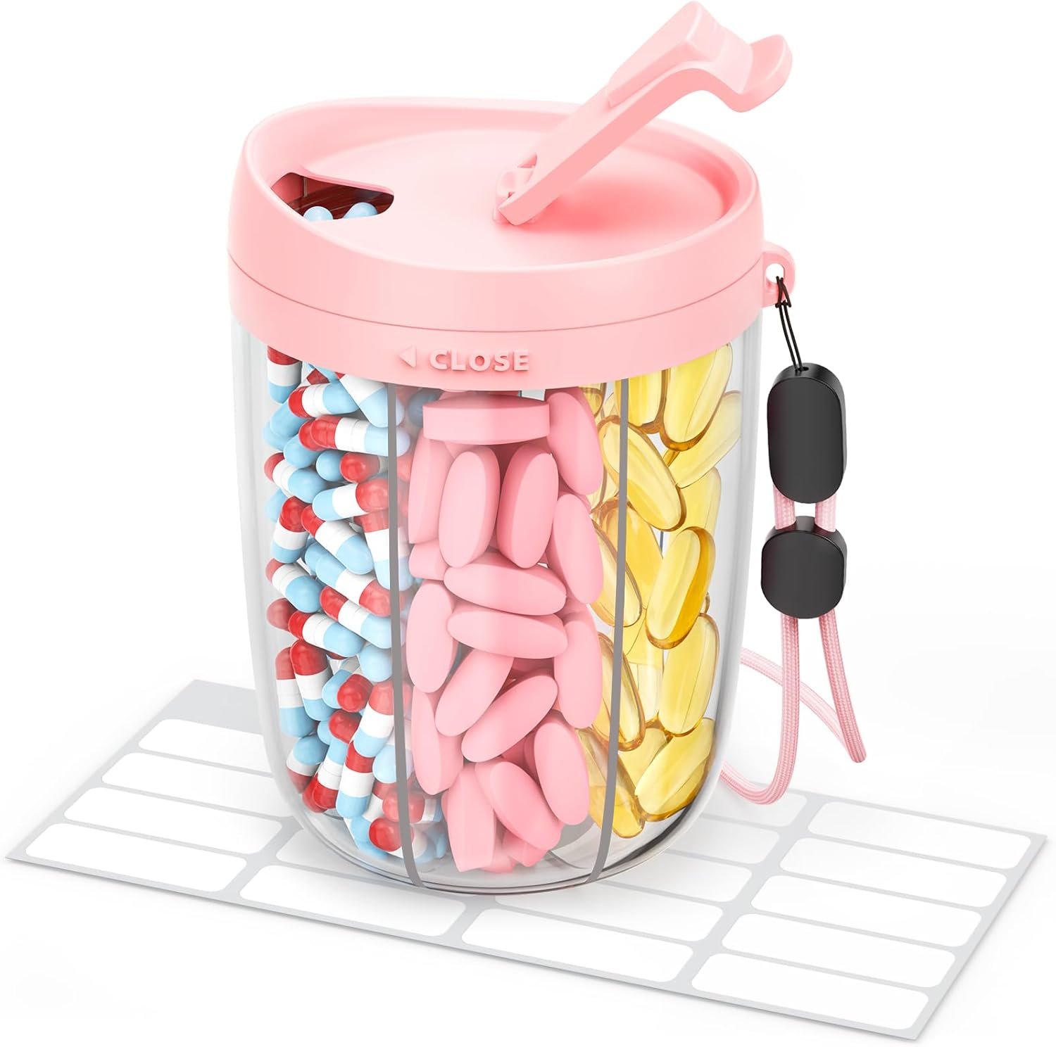 AMOOS Large Pill Dispenser with 6 Compartments, Anti-Mix Pill Bottle Organizer with Wide Opening & Easy Retrieval, Vitamin Organizer for Travel, BPA-Free Pill Box with a Strap, Pink