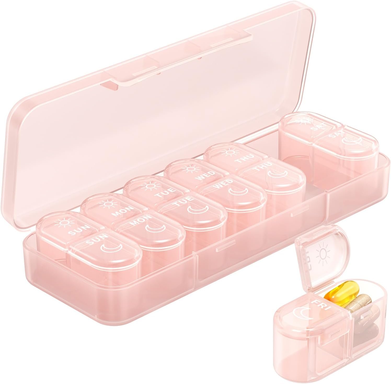 Pillex Weekly Pill Organizer 2 Times a Day, Daily AM PM Pill Box Case 7 Day with Large Openings for Easy to Use, Travel Medicine Container for Medication, Vitamins, Supplements – Pink