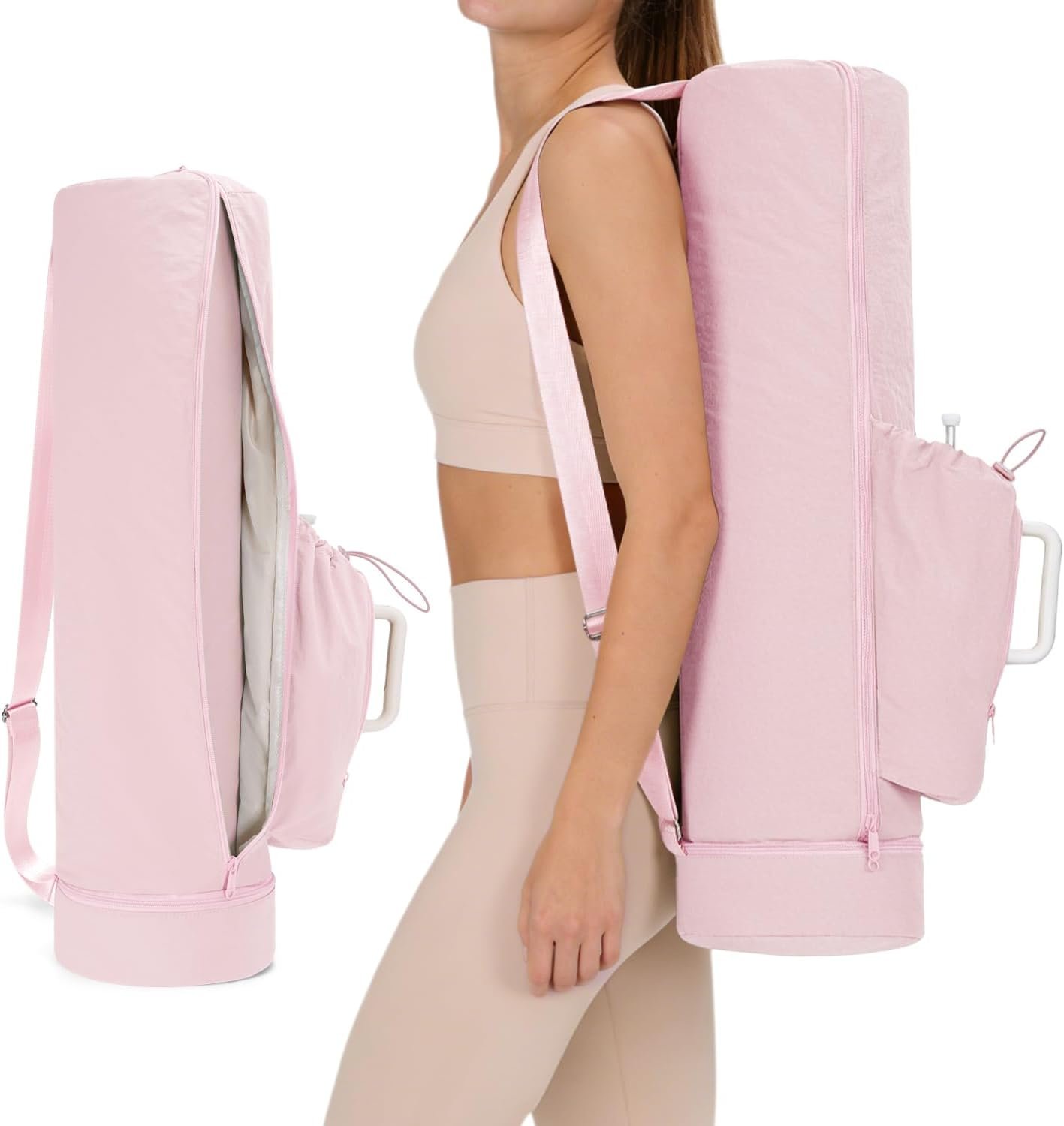 sportsnew Puffy Yoga Mat Bag Yoga Gym Bags for Women Men, Full-Zip Pilates Bag with Wet Pocket & Side Zip Drawstring Pocket Fits Tumblers with Handle, Yoga Mat Storage for Carrier Quick Access