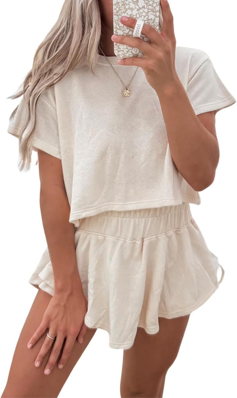 Ecosunny Women’s Summer 2 Piece Sets Sweatsuits Casual Cropped Tee and Skort Set Matching Sets Trendy Lounge Outfits