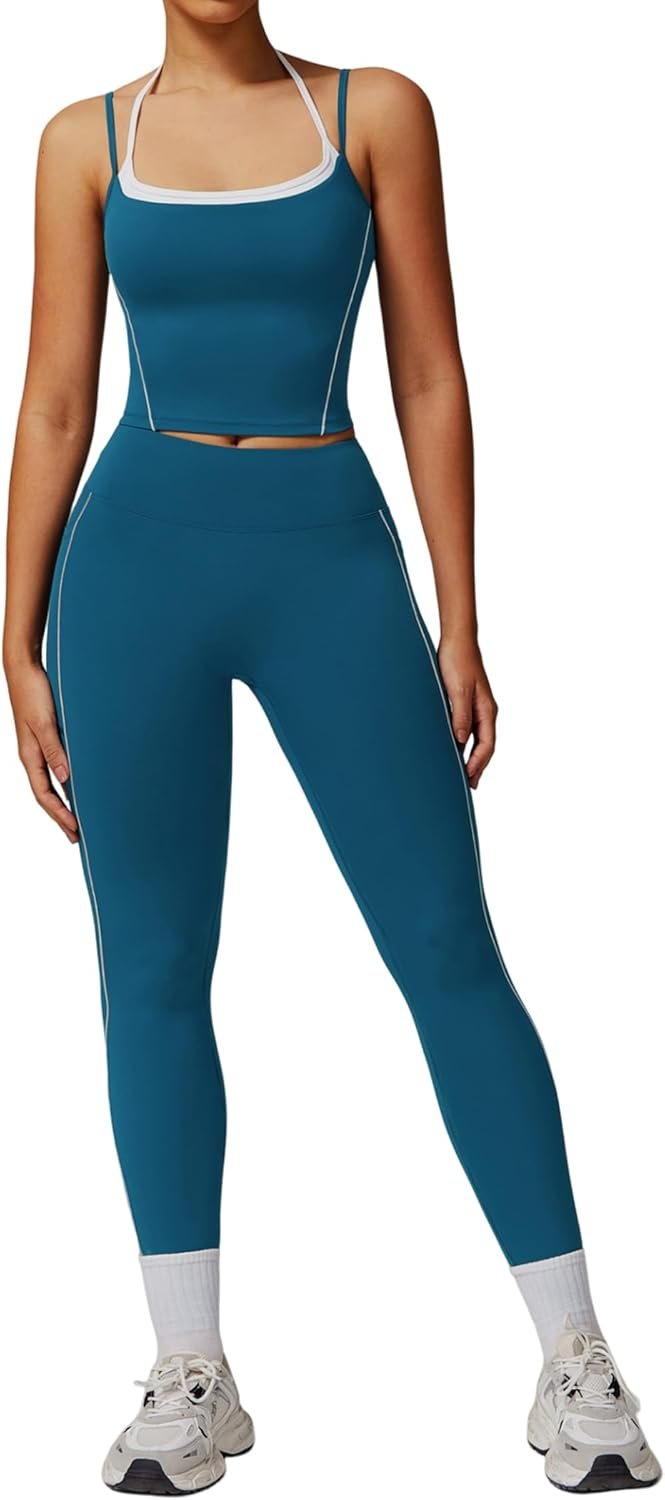 QBGJTD Womens Workout Sets Two Piece Spaghetti Straps Tank Top Matching High Waist Leggings Gym Work Out Outfits with Pockets