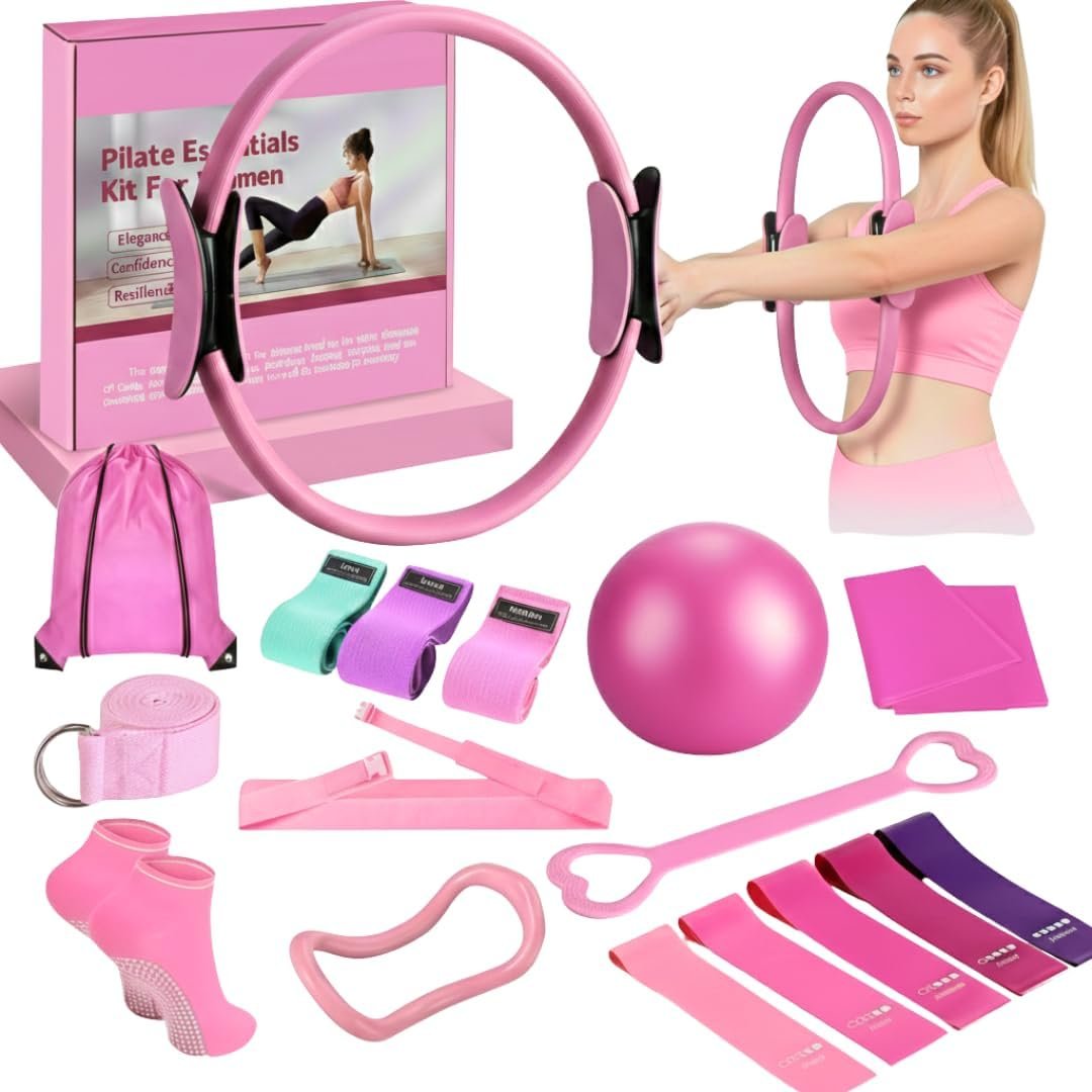 18 Pcs Pilates Kit for Home Workouts Women, 14″ Magic Circle with Pilates Ring and Ball Set, 3 Fabric Resistance Bands & 5 Latex Bands for Core Strength, Toning & Flexibility.