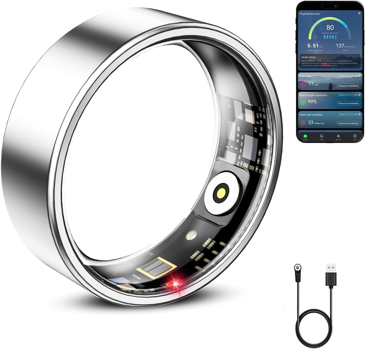 Mirlray Smart Ring for Women & Men, Smart Ring Health Tracker, Blood Oxygen & Heart Rate Monitor, Long Lasting Battery Sleep Ring, Waterproof Fitness Ring (Silver, 6)