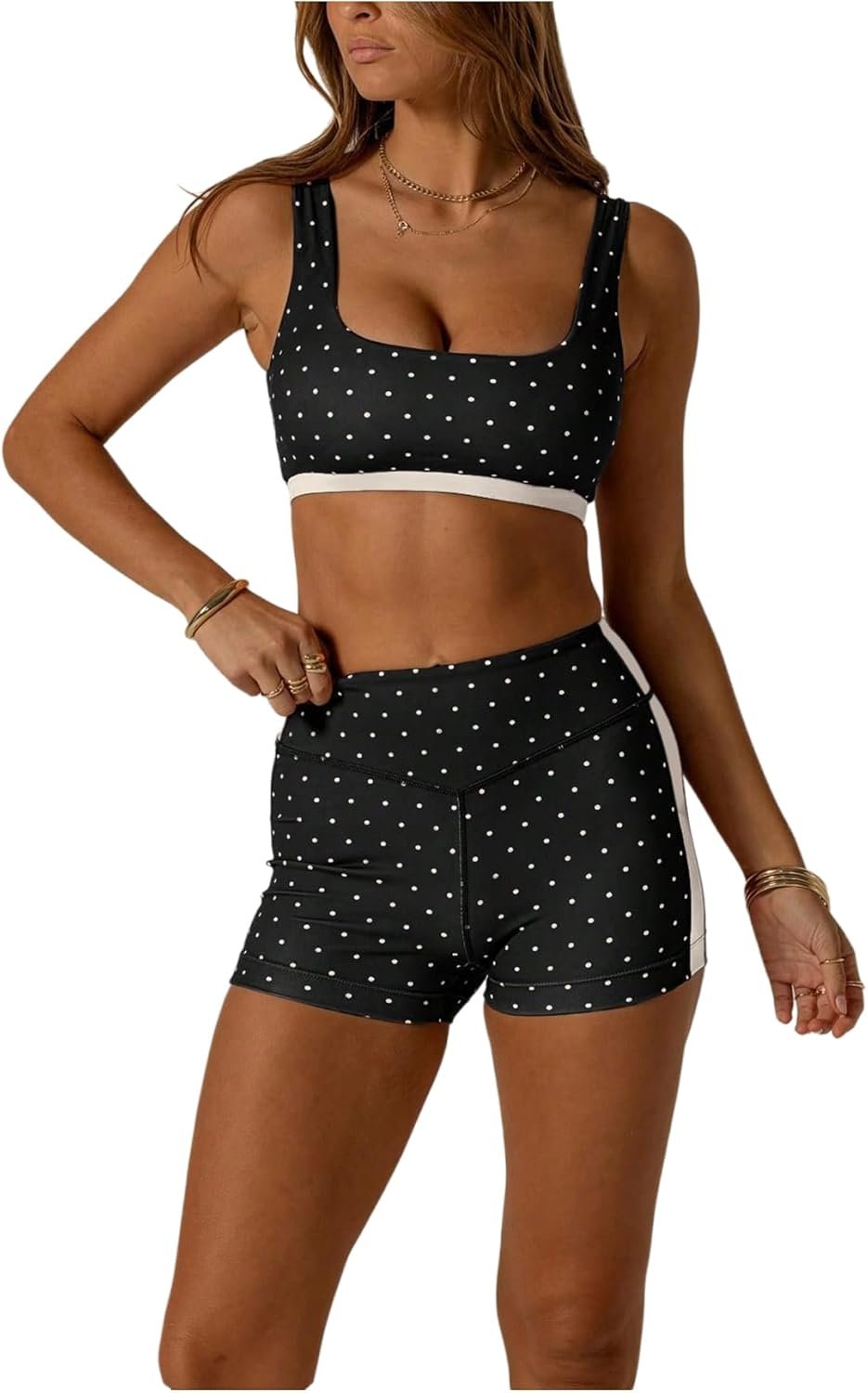 SOLY HUX Polka Dots Workout Sets for Women 2 Piece Yoga Outfits Sports Bra High Waist Biker Shorts Activewear Tracksuit