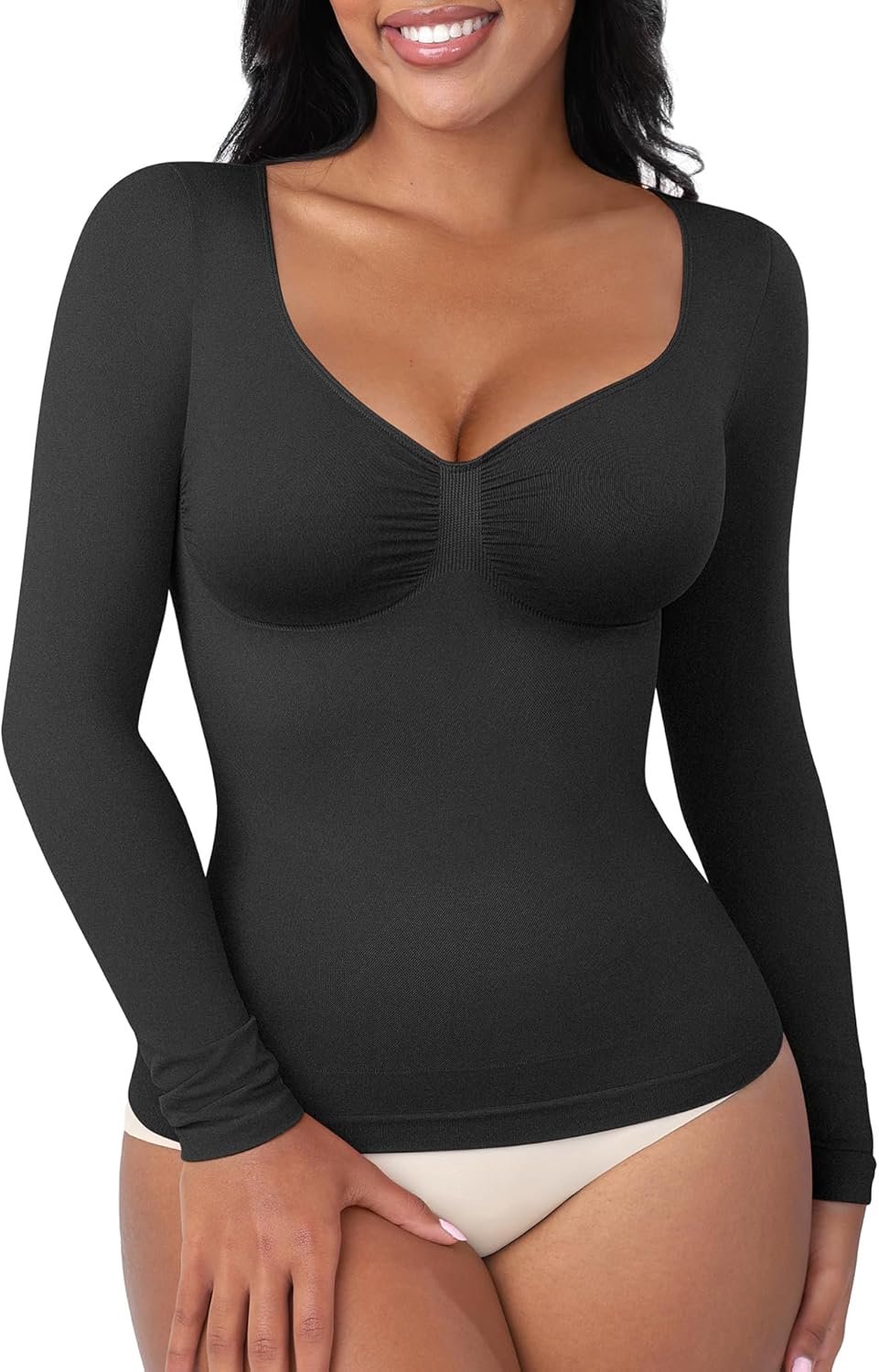 FeelinGirl Womens Shapewear Tummy Control Tops: Long Sleeve Compression Shirts for Women Slimming Body Shaper V Neck Shirt