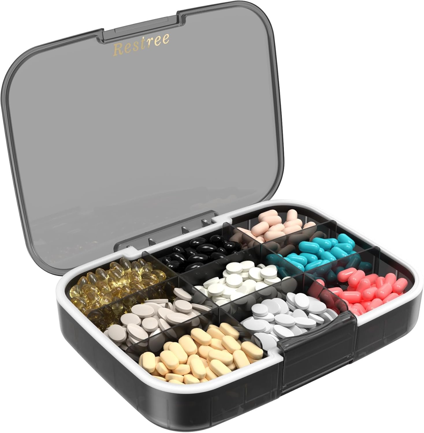 Restree Pill Organizer, Large & Waterproof Travel Pill Case, Adjustable Dividers for Daily Vitamins, Supplements, Fish Oil – Portable Medicine Box for Home & On-The-Go, 9 Compartment (Black)