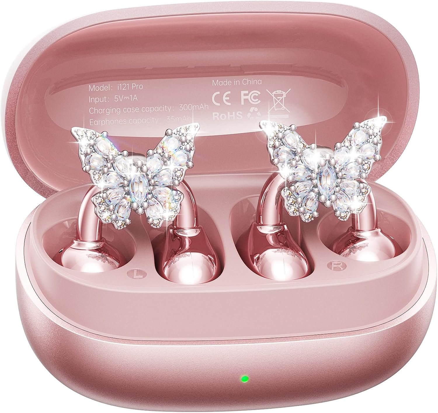 Kinglucky Gen2 Clip-On Open Ear Earbuds with Detachable Sparkle Butterfly Earrings, Bluetooth Wireless Headphones for Women, 50H Playtime, Comfortable Fit for Small Ears, Easy Storage Case, Rose Gold