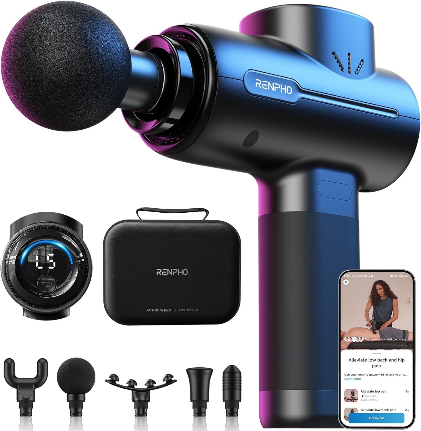 RENPHO Active+ Percussion Massage Gun, Mothers Day Gifts, 5 Adjustable Speeds for Back, Neck, Muscle Recovery – App Controlled Guided Courses, with Carry Case for Professional Athlete, Gym and Travel