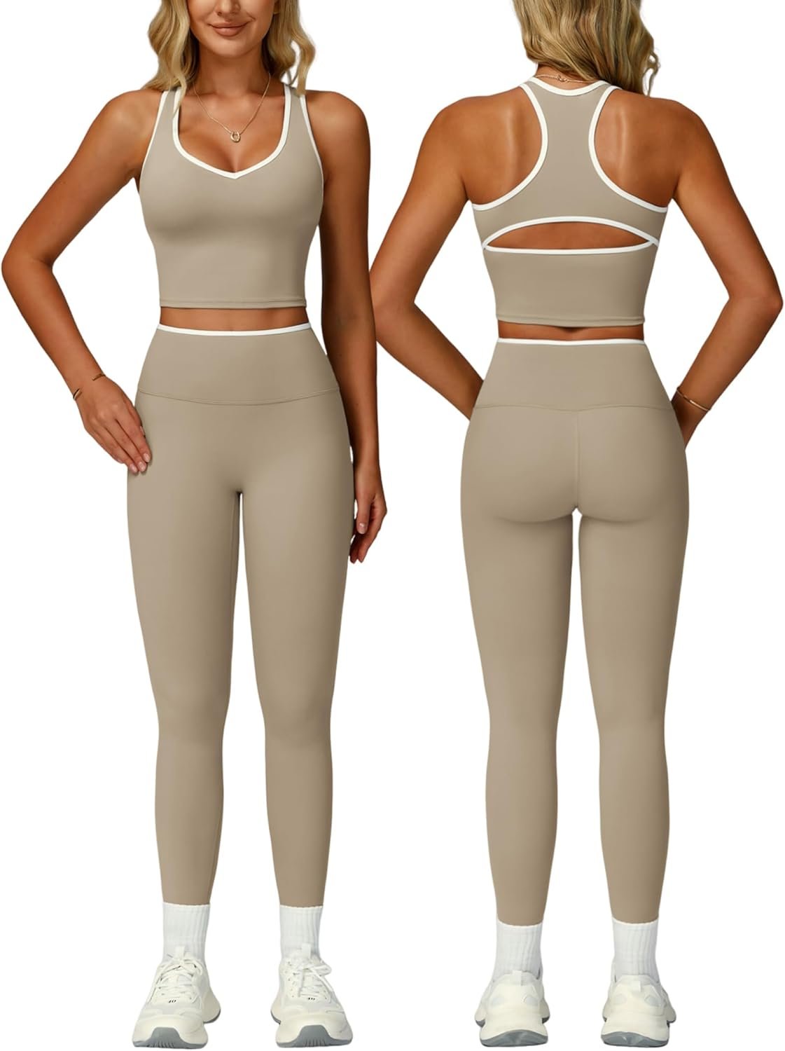 QBGJTD Womens Workout Set Two Piece Racerback Color Block Tank Tops Matching High Waist Leggings Gym Work Out Outfits