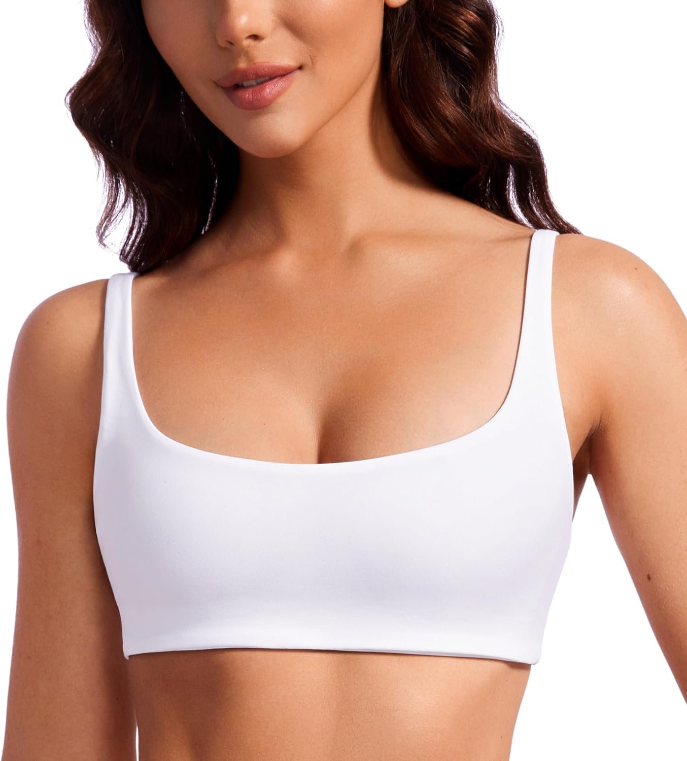 CRZ YOGA Butterluxe Square Neck Spaghetti Strap Sports Bras for Women – Low Coverage Yoga Wireless Padded Cami Crop Top