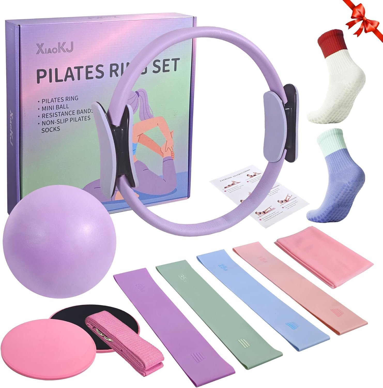 Pilates Kit, Home Pilates Workout Kit for Women, Pilates Equipment with 14″ Pilates Ring and Ball, Resistance Bands, Sliders & Grip Socks Accessories for Starter Home Workouts