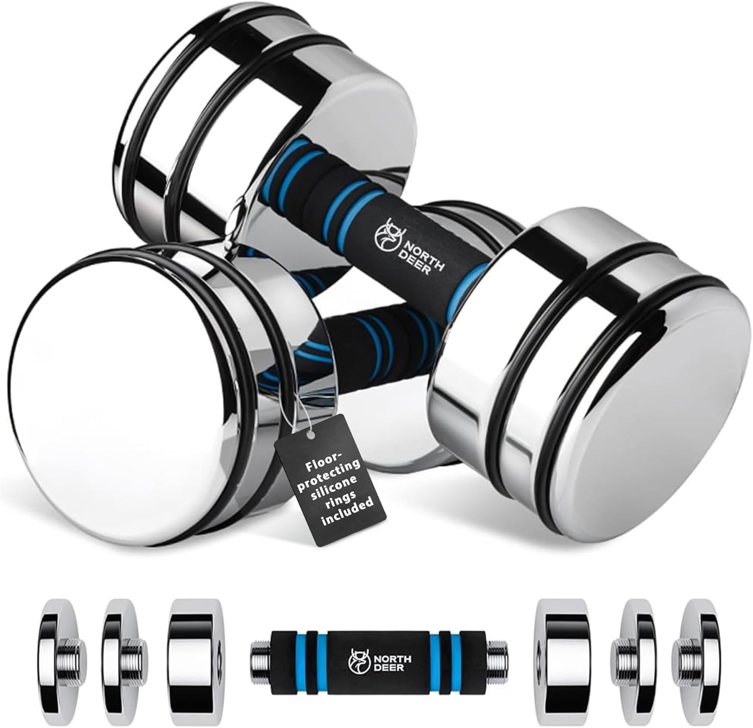 Northdeer Steel Dumbbells Ultracompact & Adjustable Chrome Dumbbell with Foam Handles 5lb 10lb 15lb 20lb 30lb 50lb Home Gym Workout (Choice of Size)