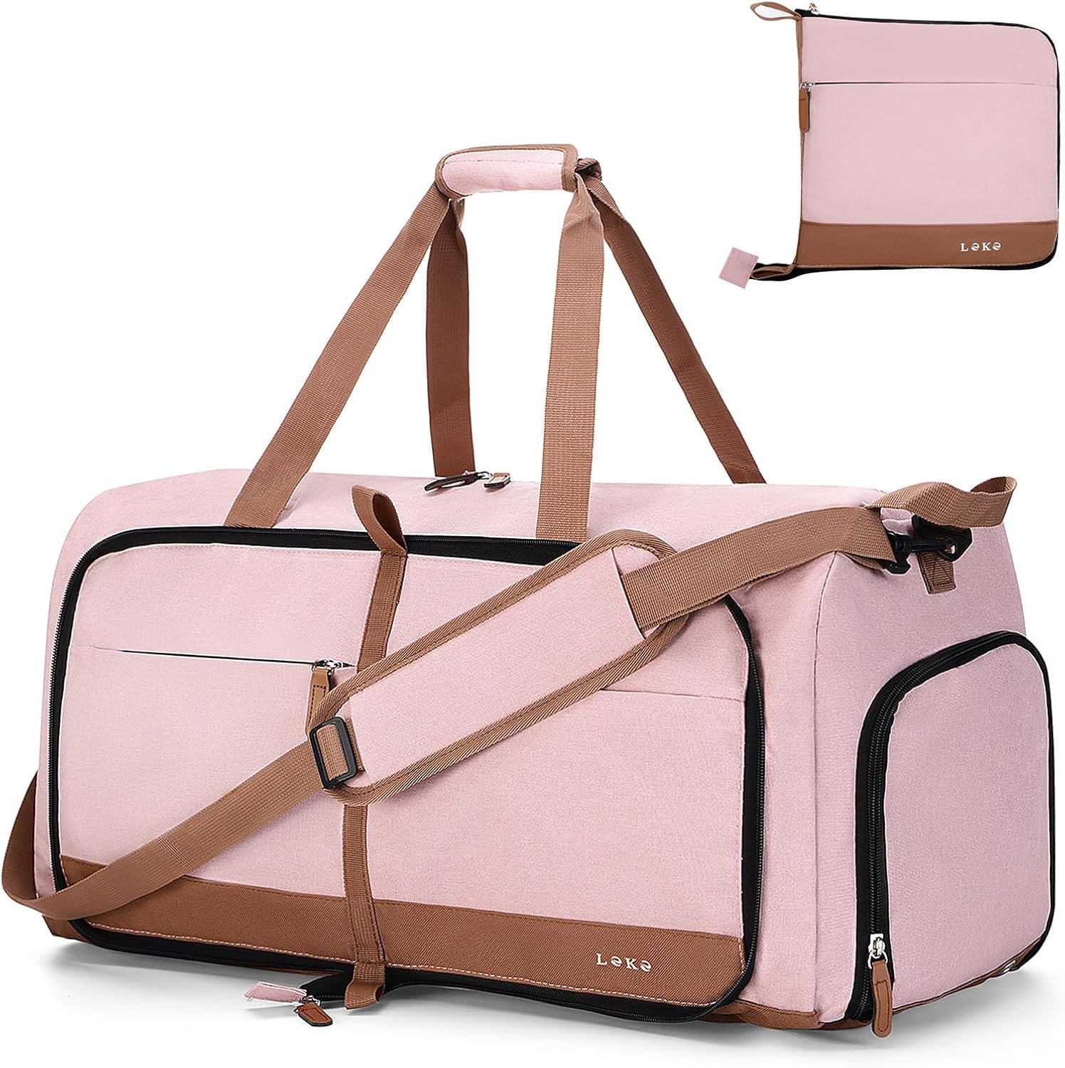Lekesky Foldable Travel Duffel Bag for Women, 80L Large Duffle Bag with Separate Shoes Compartments & Straps, Carry On Weekend Bag for Women, Hospital, Overnight(Pink)