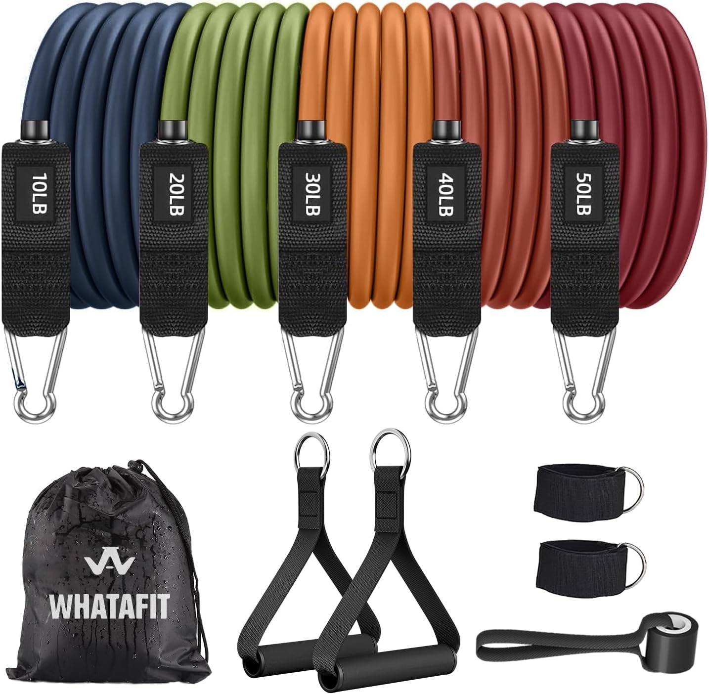 WHATAFIT Resistance Bands, Exercise Bands, Workout Bands with Handles, Door Anchor and Ankle Straps, 5 Resistance Levels Fitness Bands for Strength Training, Physical Therapy, and Home Gym Equipment