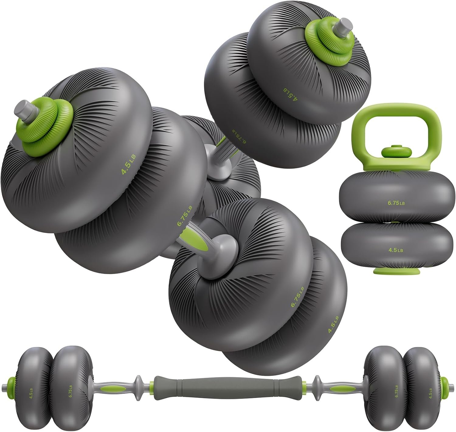 LIFERUN Adjustable Dumbbell Set, Soft PVC Coated, 45lbs/67lbs Free Weight Set Home Gym, 4-in-1 Used As Barbell, Dumbbells, Kettlebell, Weight Plates, Weights Dumbbells Set, Space Saving Fitness Exercise For Men/Women