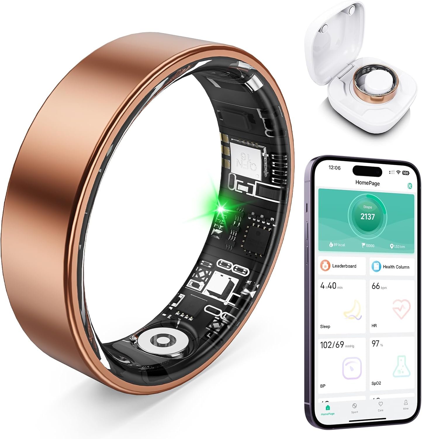 Smart Ring with Sleep Monitoring, Step Counting, Heart Rate, Blood Oxygen for iOS and Android, No Subscription Fee, IP68 Waterproof Health Tracker (Rose Gold, 9)