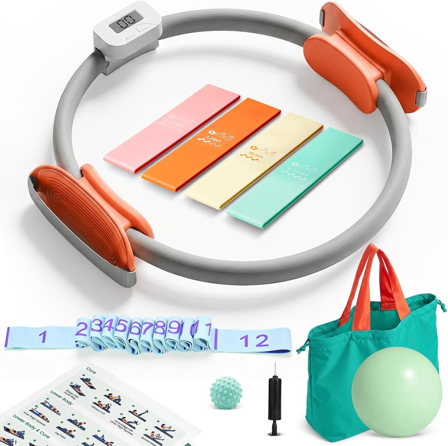 Magic Circle Pilates Equipment Kit with Smart Counter – 14″ Pilates Ring and Ball Set with Yoga Ball, Resistance Bands, Stretching Strap, Massage Ball & Bag for Home Full Body Workouts