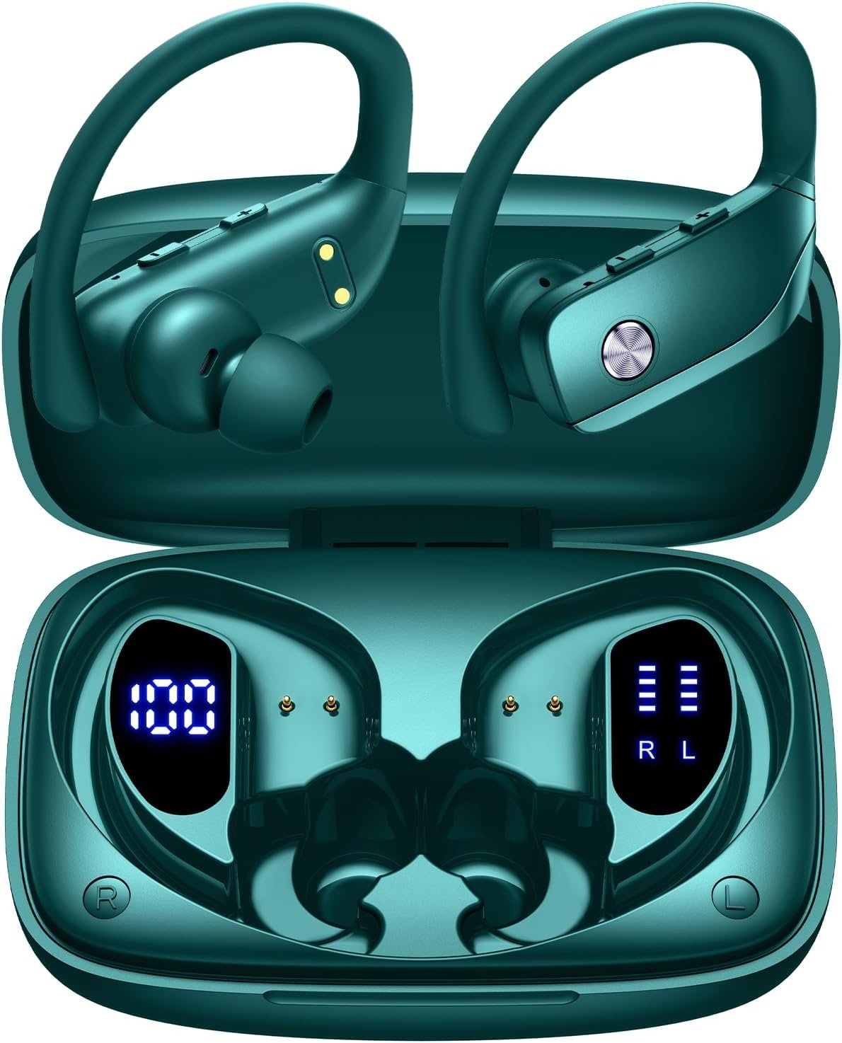 bmanl Wireless Earbuds Bluetooth Headphones Over Ear Hooks Ear Buds with 80H Playtime, LED Power Display, Dual Mic Clear Calls, Sports Wireless Ear Buds Bluetooth Earbuds for Running Gym Workout Green