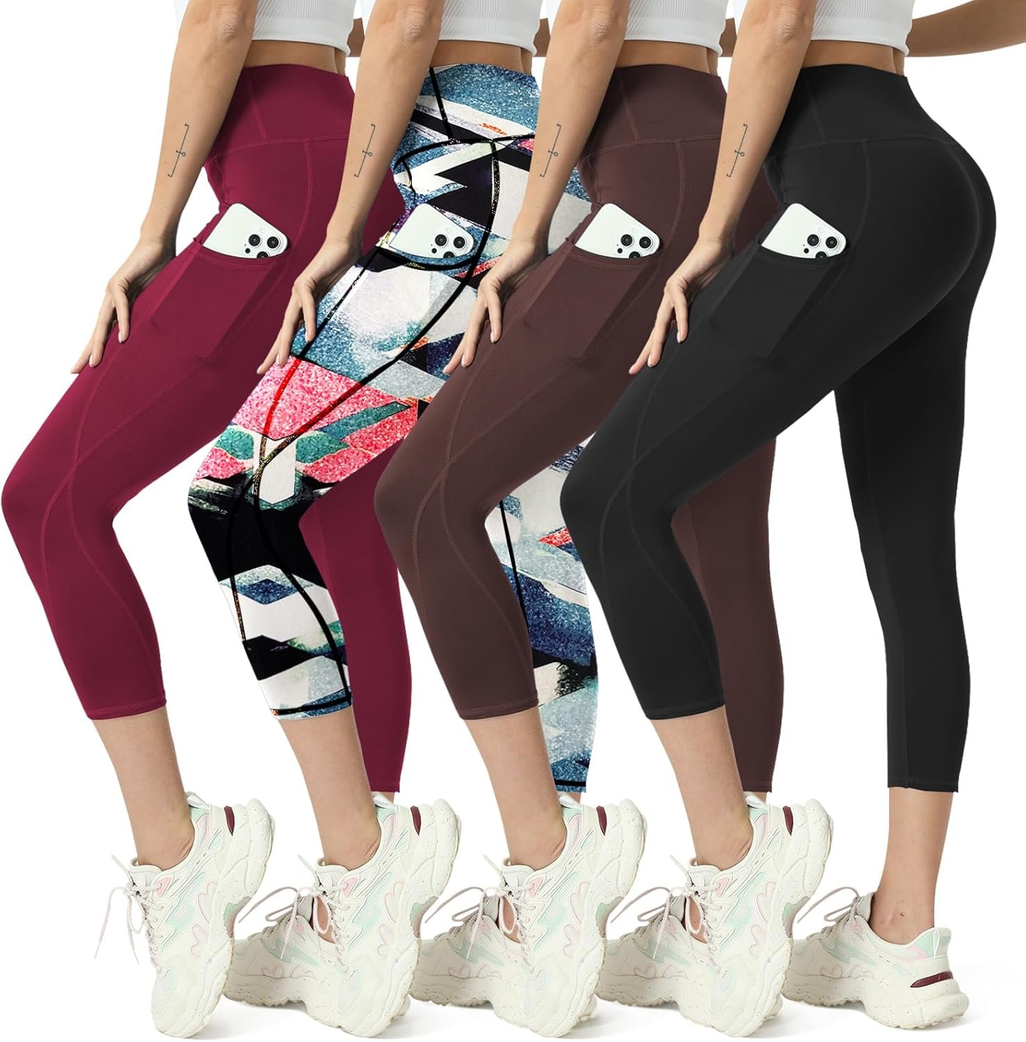 High Waisted Yoga Leggings for Women 4 Pack – Tummy Control Workout Capris with Pockets
