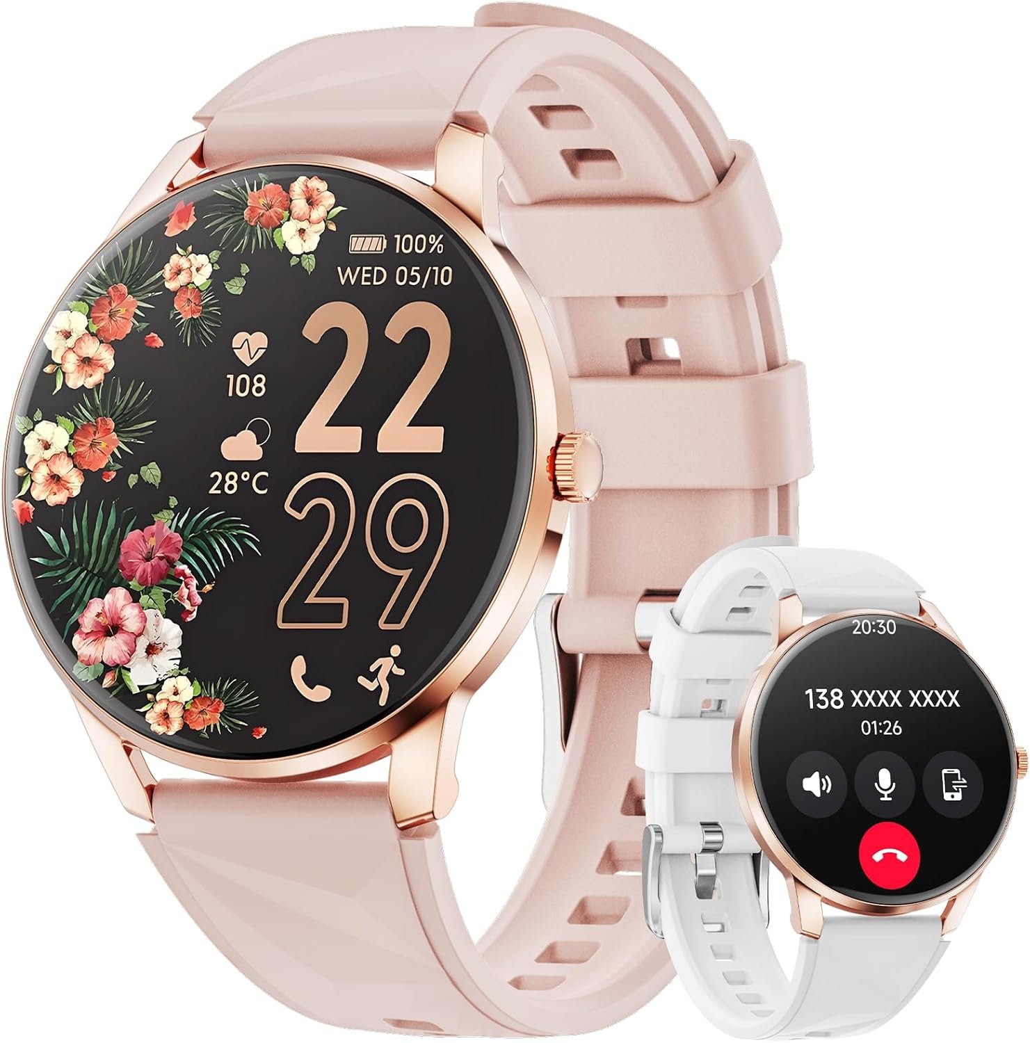 Smart Watch for Women Android/iPhone, 1.32″ AMOLED Screen Smartwatch with Answer/Make Call/Fitness Tracker/Heart Rate/SpO2/Sleep Monitor/110+ Sport Modes, 2 Bands
