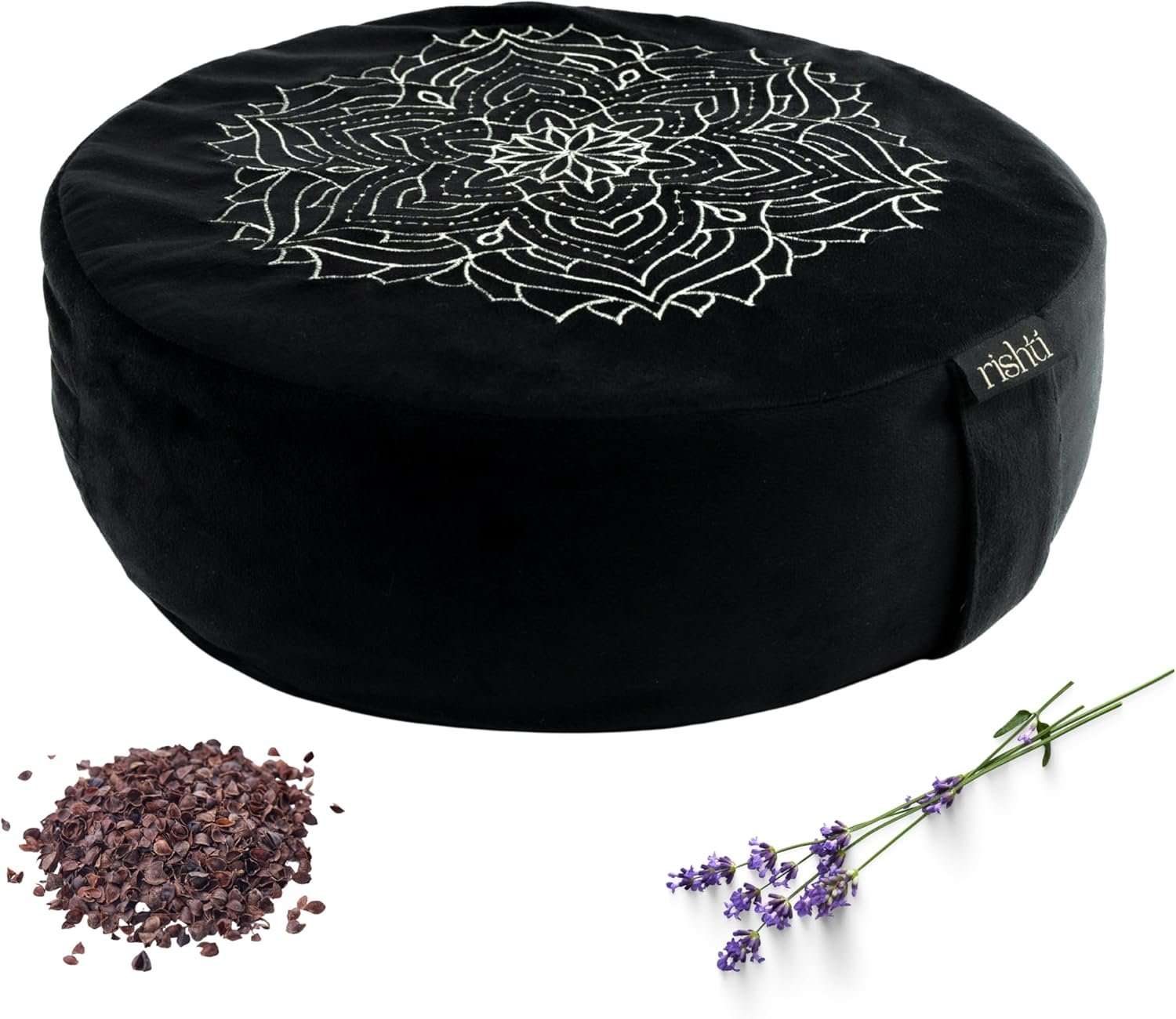Black Velvet Embroidered Meditation Cushion – Buckwheat Filled with Lavender and Removable Foam Pad – Ideal for Yoga, Stress Relief, Mindfulness, and Holistic Living