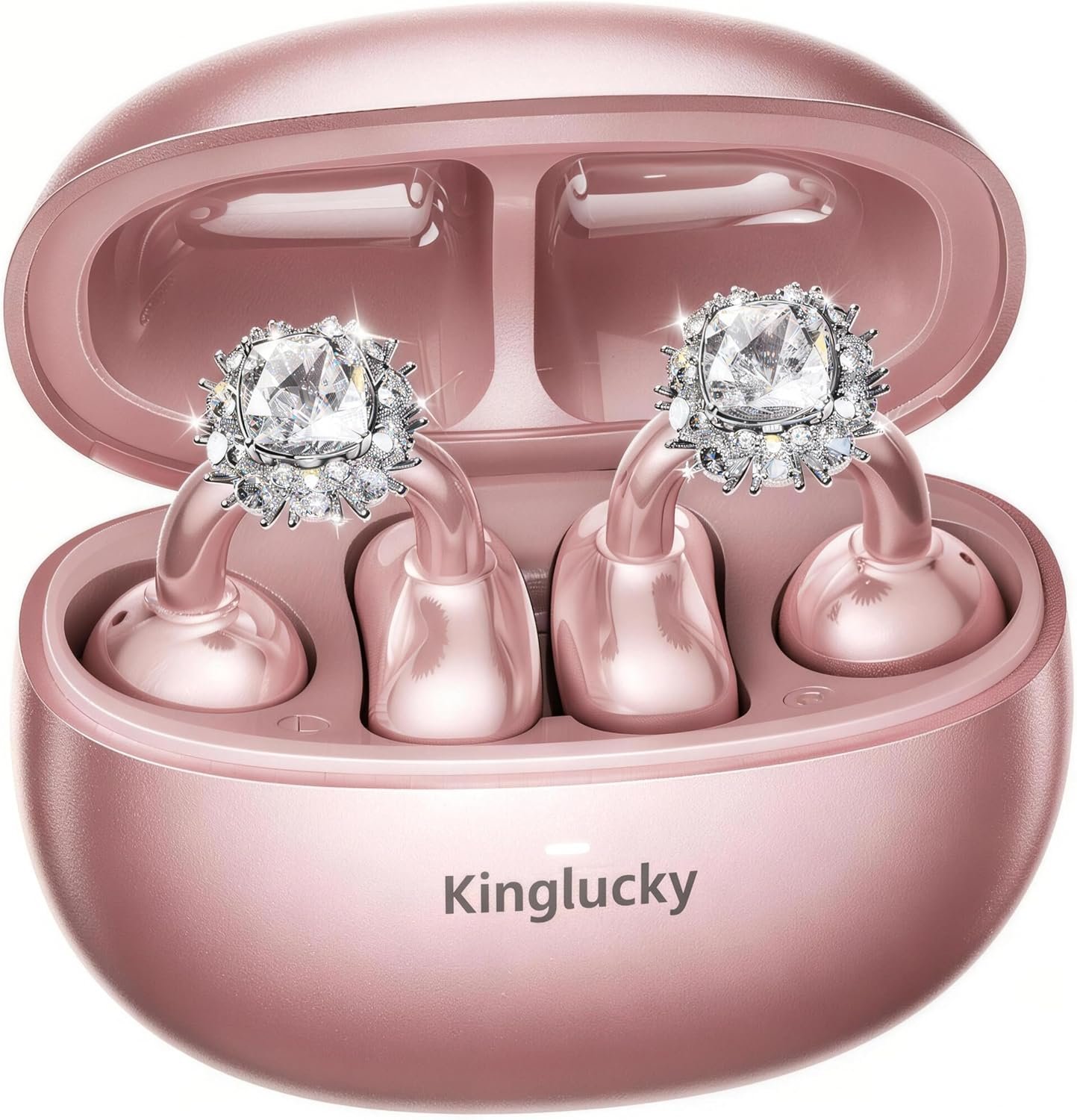 Kinglucky ClipFree Open-Ear Headphones with Diamond Earrings, Ultra-Comfort & Snug Fit Clip On Earbuds, 40H Playtime Bluetooth 5.4 Wireless Headphones for Women Sports,Glasses Gifts (Rose Gold)