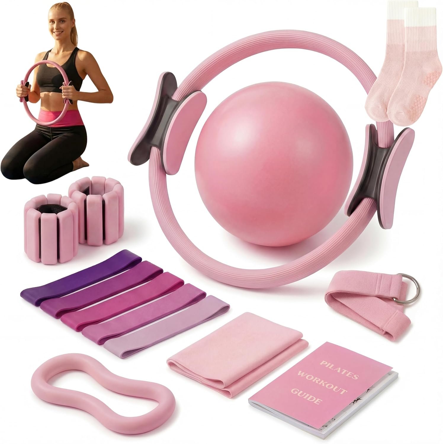 Pilates Equipment Kit for Home Workout, Pilates Kit, Pilates Ring Set, Pilates Ball, Adjustable Ankle And Wrist Weights, Resistance Bands, Grip Socks, Instruction Guides, Women Essentials Starter Set