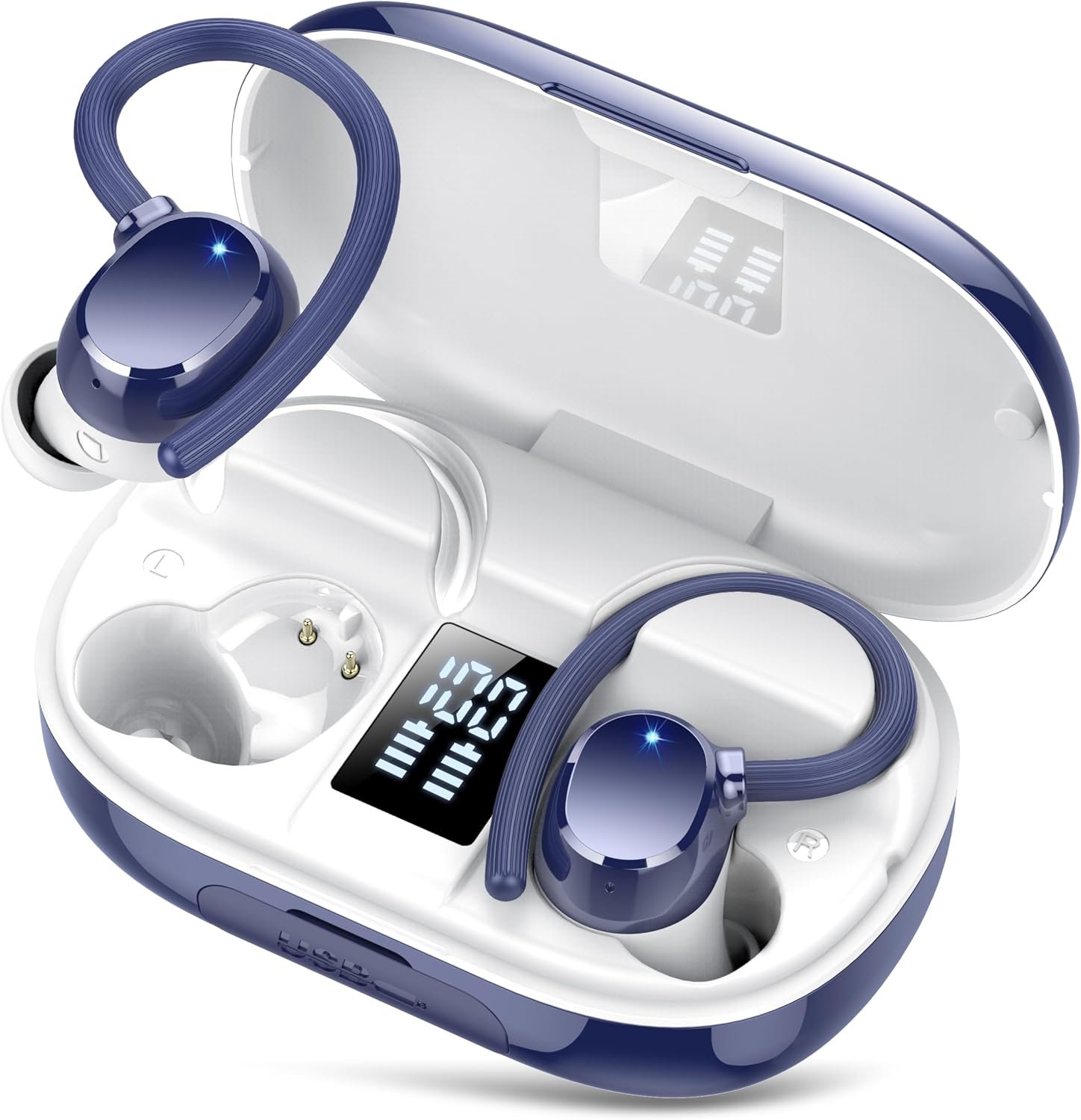 hadbleng Ear Buds Wireless Earbuds Bluetooth Headphones with 128H Playtime LED Digital Display Charging Case, Over-Ear Hook with Mic, Stereo Sound, IPX7 Waterproof Earphones for Workout/Running