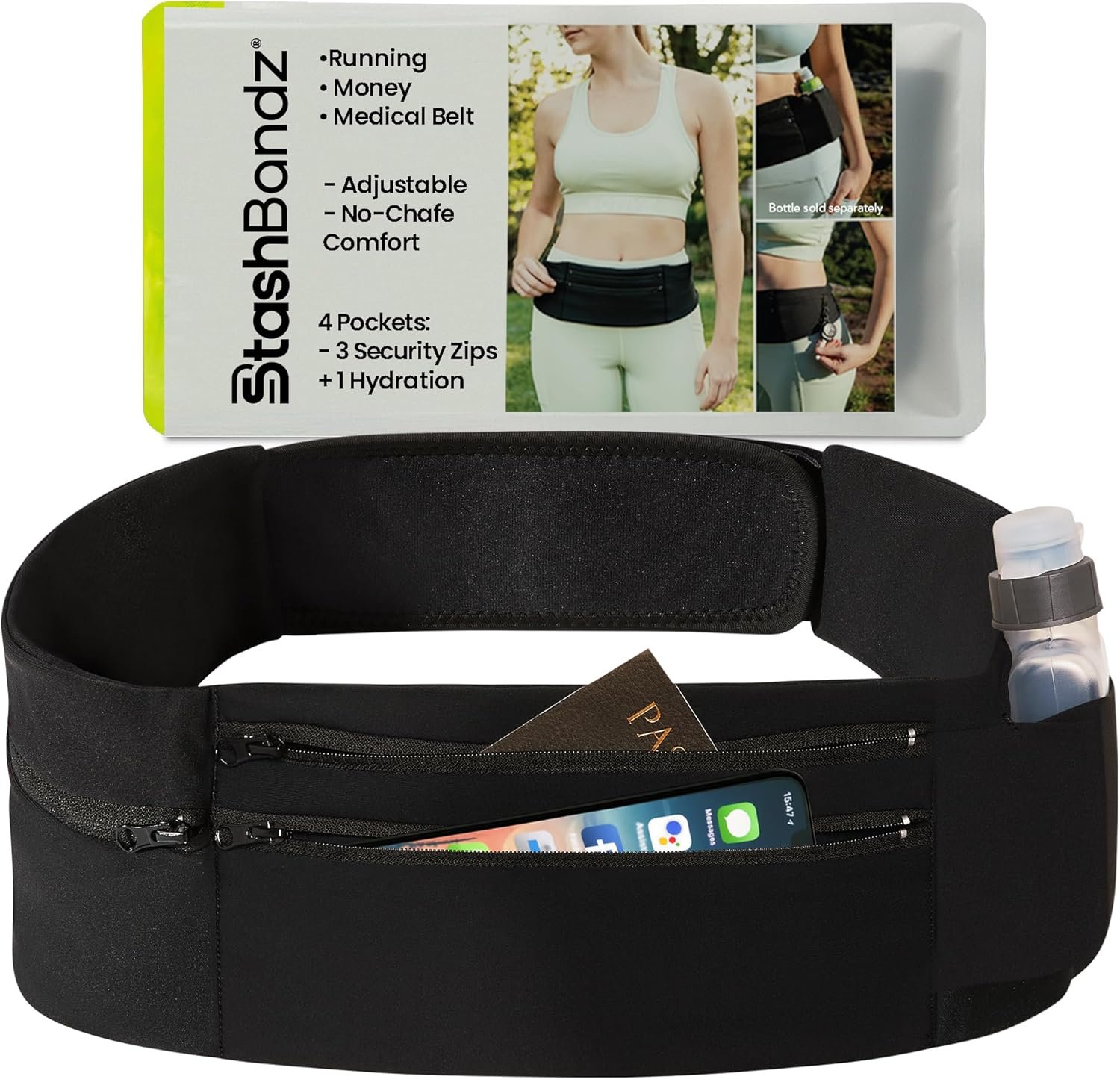 StashBandz Adjustable Running Belt – 3 Zippered Pockets + Water Bottle Holder, No-Bounce Travel Money Belt, Sports Fanny Pack, Waist Pack with Key Clip, Fits Any Size Phone, Passport & More