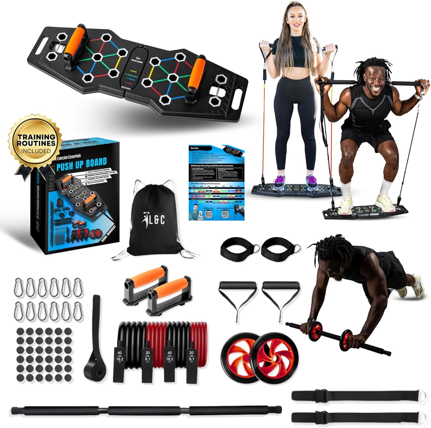 Push Up Board for Full Body Workout at Home – Portable, Joint Friendly, Fun & Motivating Home Workout Equipment with QR Code Guided Workouts – Ideal for Men, Women, Teens – L&C Exercise Essentials