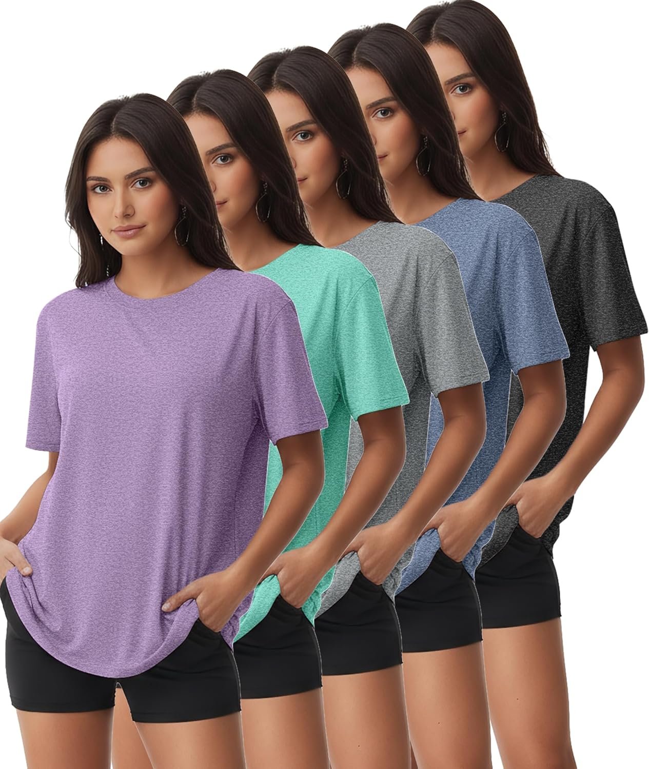 Kinglaman 5/6 Pack Workout Tops Gym Shirts for Women Dry Fit UPF 50+ Sun UV Protection Swim Athletic Yoga Tee T Shirts Tops