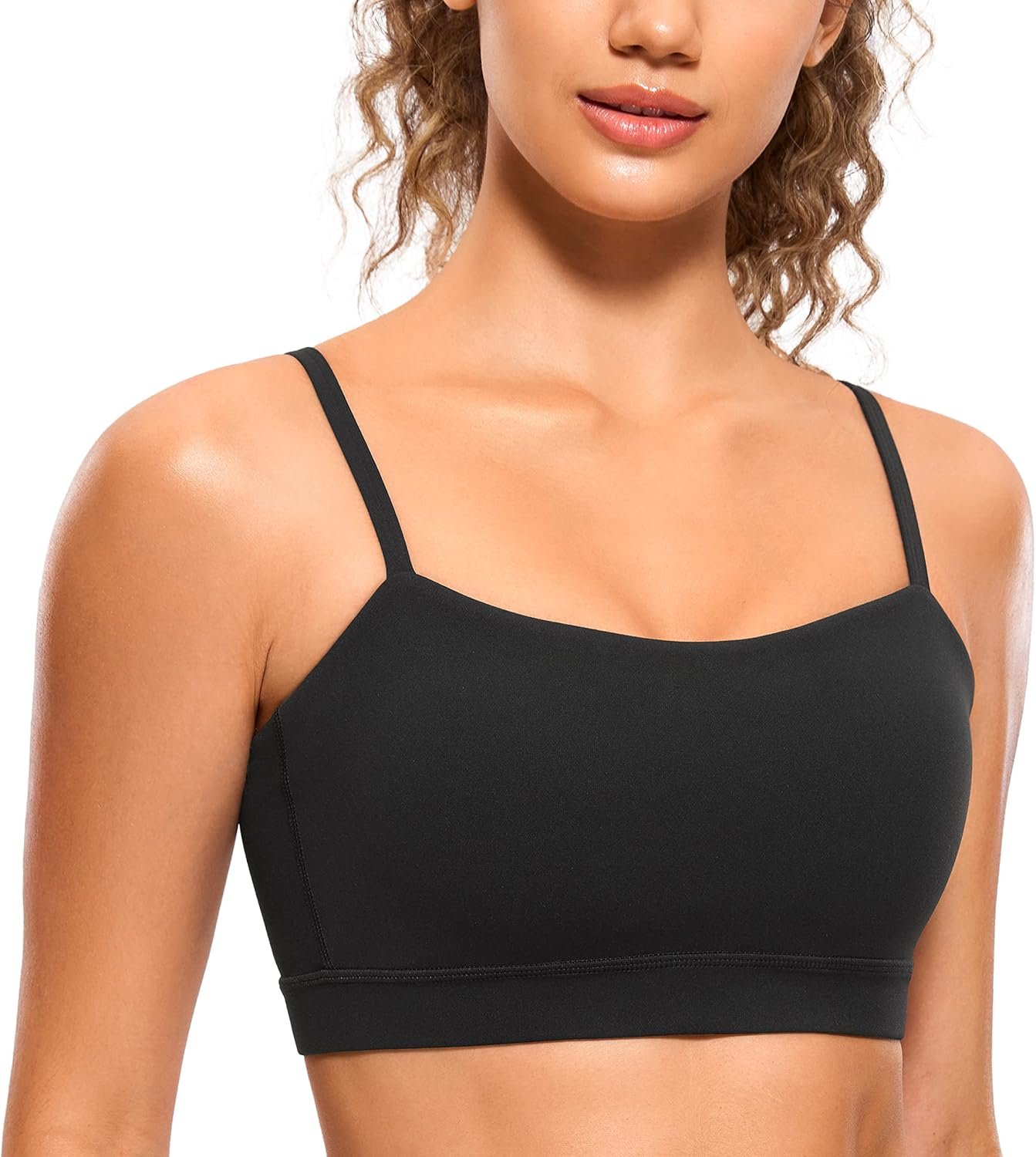 CRZ YOGA Butterluxe Womens Adjustable Spaghetti Thin Strap Sports Bra – Padded Wireless Square Neck Workout Yoga Clothes