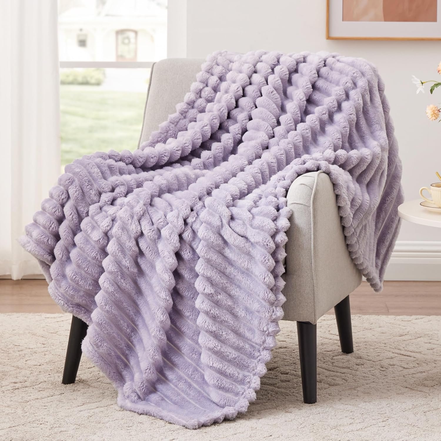 EXQ Home Fleece Throw Blanket for Couch or Bed – 3D Stripe Jacquard Decorative Blankets – Cozy Soft Lightweight Fuzzy Flannel Blanket Suitable for All Seasons(50″×60″,Light Purple)