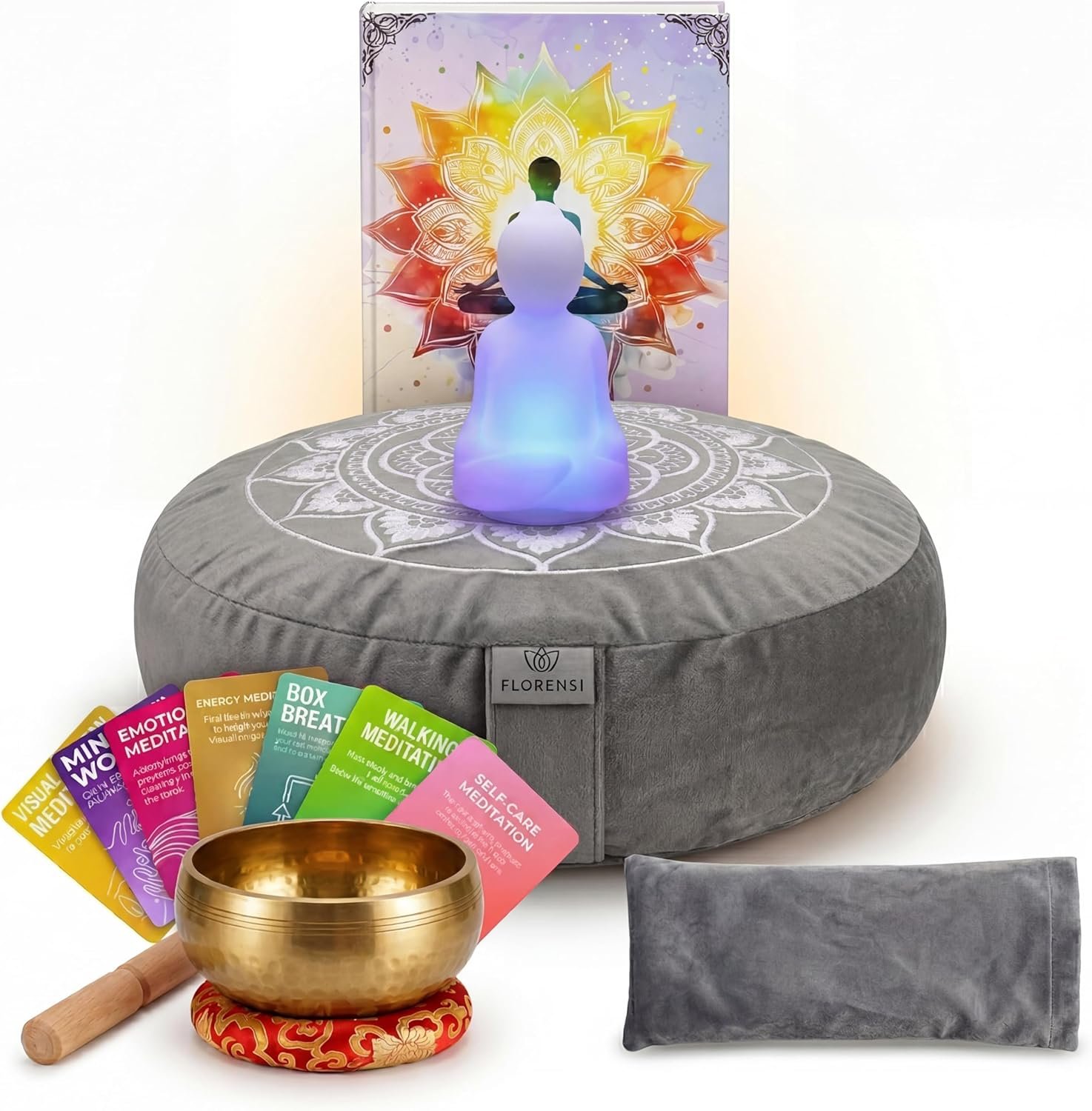 Meditation Cushion (Zafu) with Buckwheat Filling – Ergonomic Support for Proper Posture, Premium Meditation Set with Breathing Light & Accessories