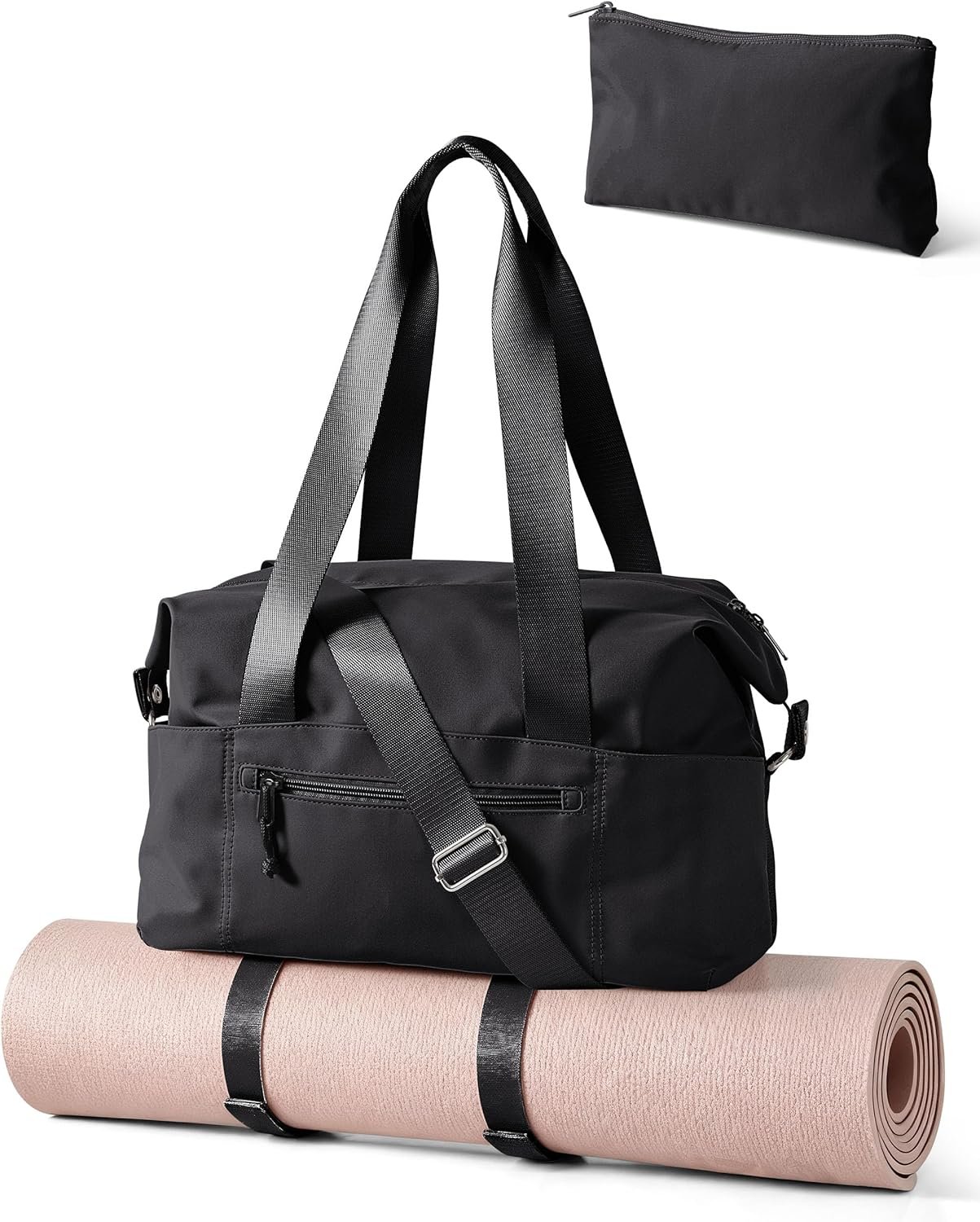 Smasrob Small Gym Bag with Yoga Mat Holder, Wet Pocket and a Separate Pouch, Small Gym Duffle Bag for Women with Detachable Crossbody Shoulder Strap, Black