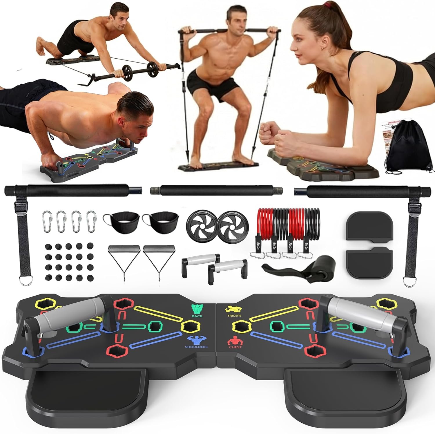 HOTWAVE Portable Workout Equipment with 20 Gym Accessories.Push Up Board &Plank Trainer,Resistance Bands with Ab Wheel,Exercise at Home For Men and Women