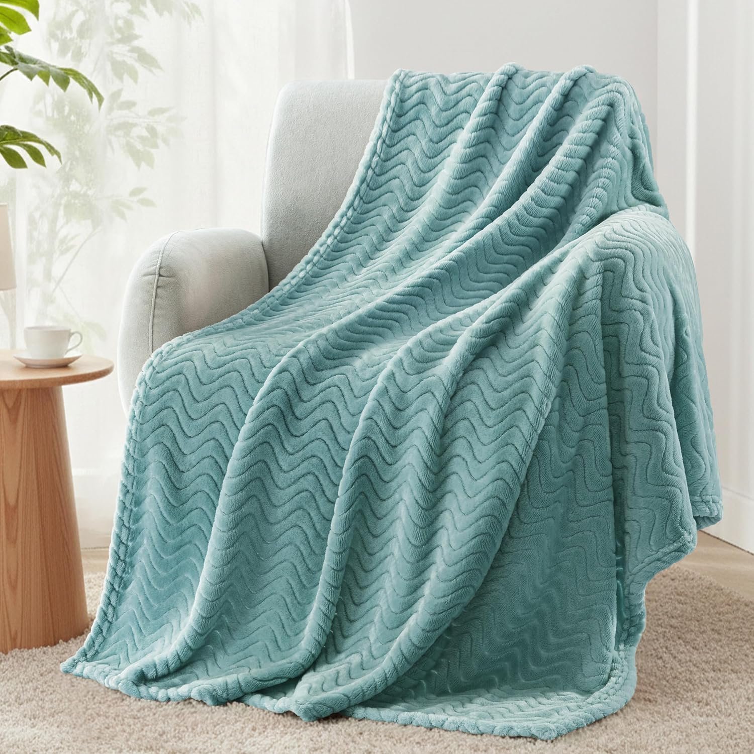 Exclusivo Mezcla Fleece Throw Blanket for Couch, Cozy Lightweight Blankets for All Season, Decorative Giftable Fuzzy Plush Wave Textured Throws for Women, Men, Celadon, 50×70 Inches