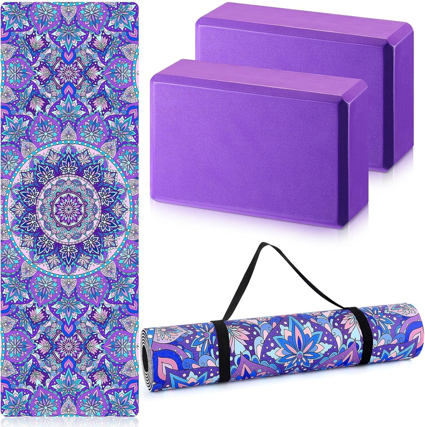 Tinideya 3 Pcs Yoga Mat Yoga Block with Carrying Strap Non Slip Yoga Mat Travel Yoga Mat for Exercise, Yoga, Fitness, Pilates, Floor Workouts, purple