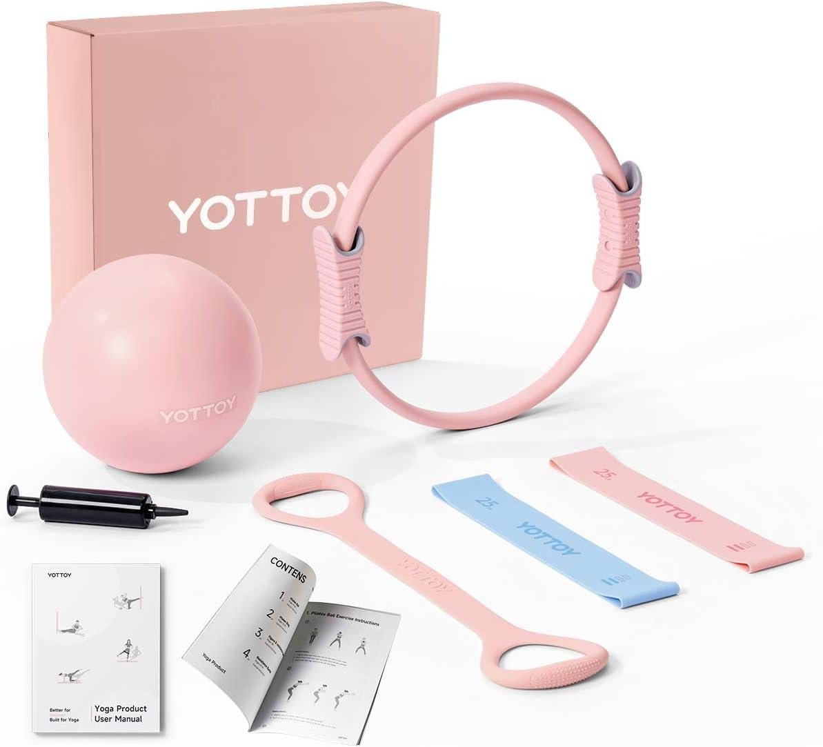 YOTTOY Pilates Ring and Ball Set, Figure 8 Resistance Bands, Stretch Bands&Guide,Pilates Equipment Set for Beginners for Home Workouts Core Strength, Yoga, Physical Therapy & Rehab