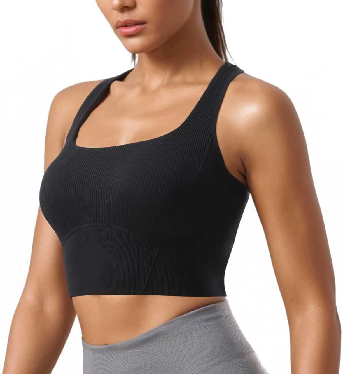 Women Square Neckline Sports Bra Padded Basic Workout Y-Back Racerback Cropped Tank Top