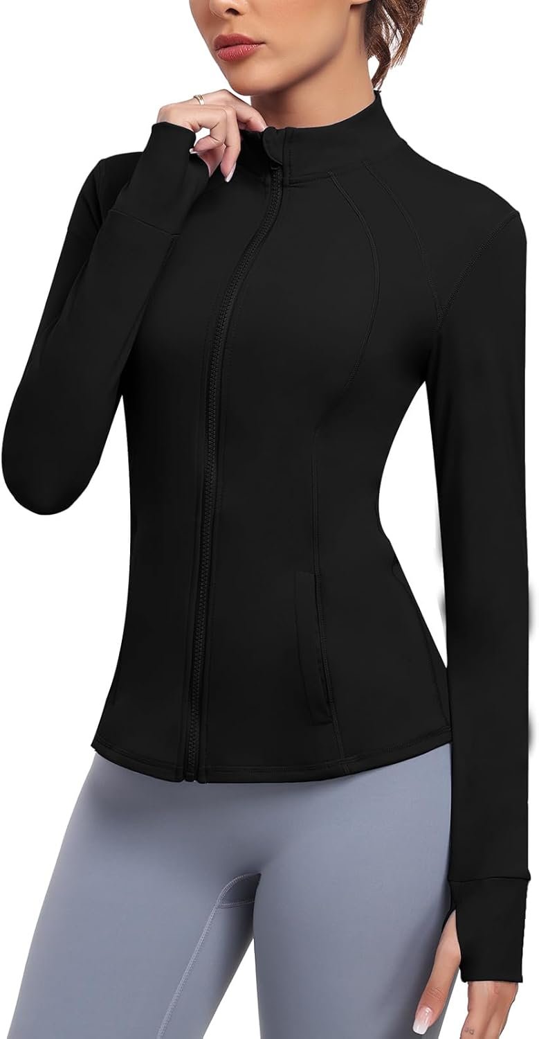 Women’s Athletic Full Zip Lightweight Workout Jacket With Pockets Running Yoga Sportwear With Thumb Holes