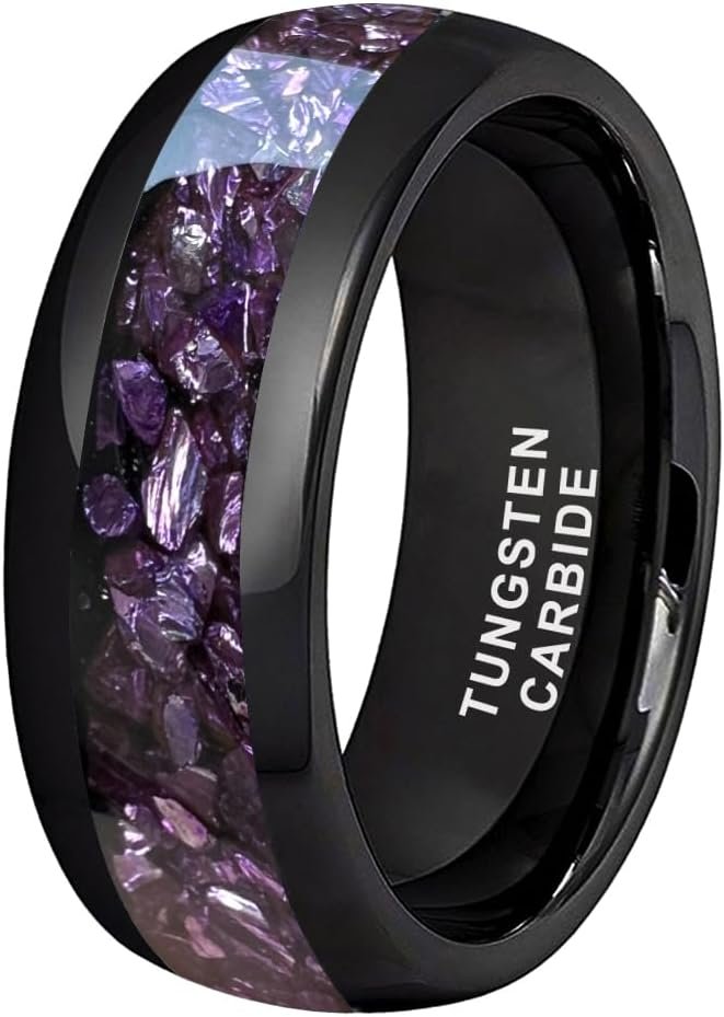 TUTISS 8mm Black Tungsten Rings for Men Women Outer Space Nebula Galaxy Blue Gemstone Purple Amethyst Inlay Engagement Wedding Band Polished Comfort Fit